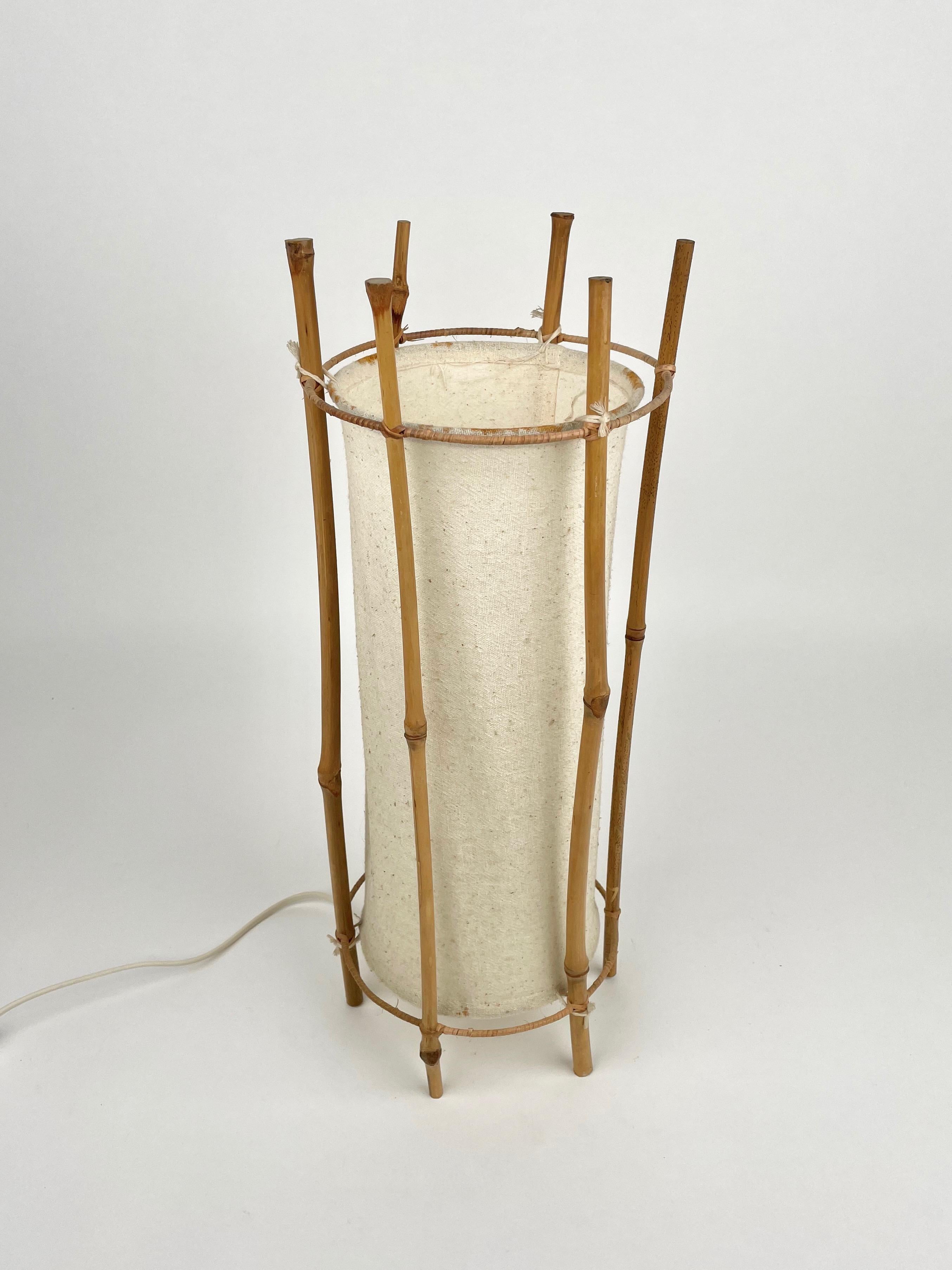 Table Lamp Cotton Bamboo & Rattan Attributed to Louis Sognot, France, 1950 In Good Condition In Rome, IT