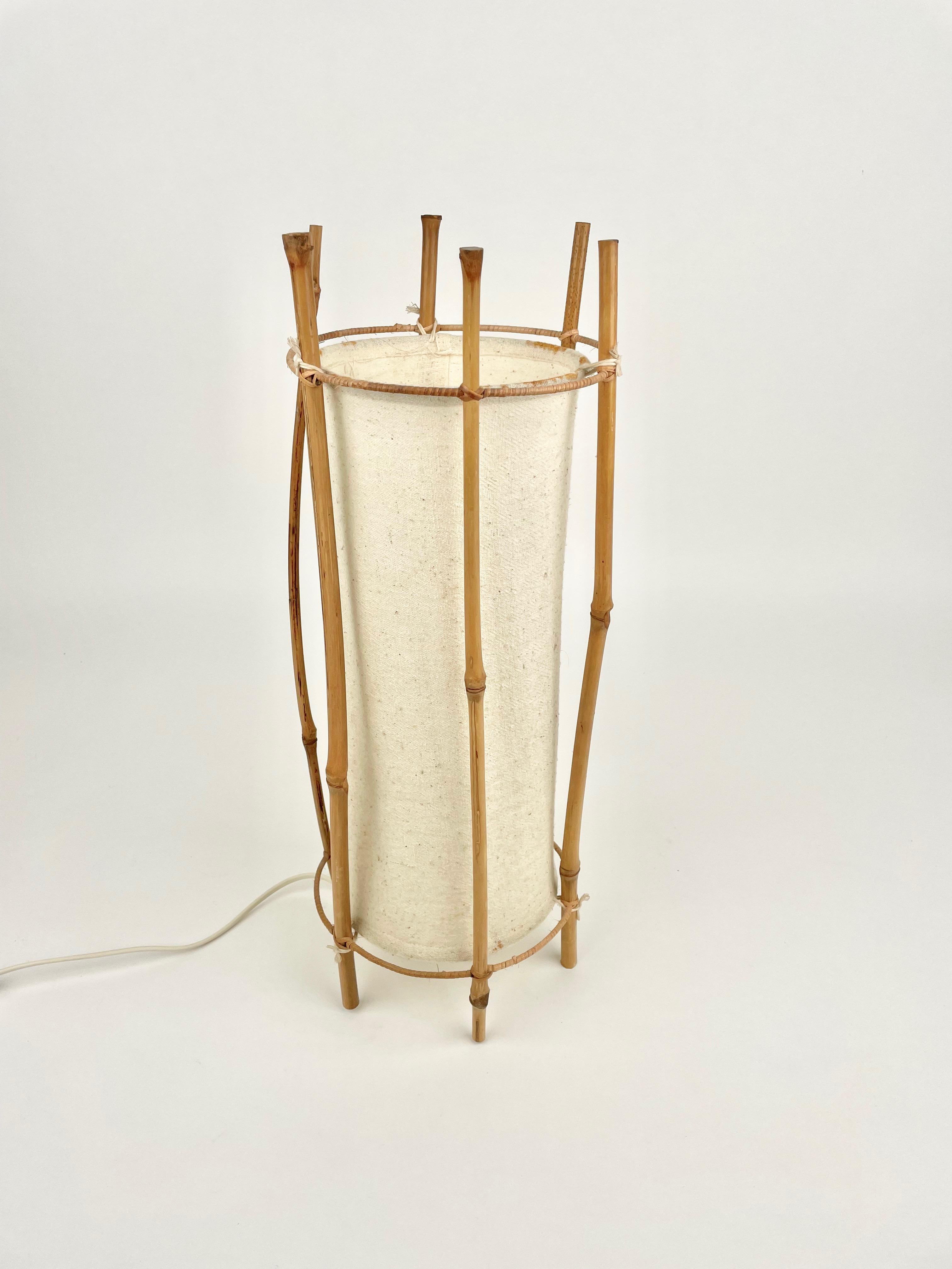 Mid-20th Century Table Lamp Cotton Bamboo & Rattan Attributed to Louis Sognot, France, 1950