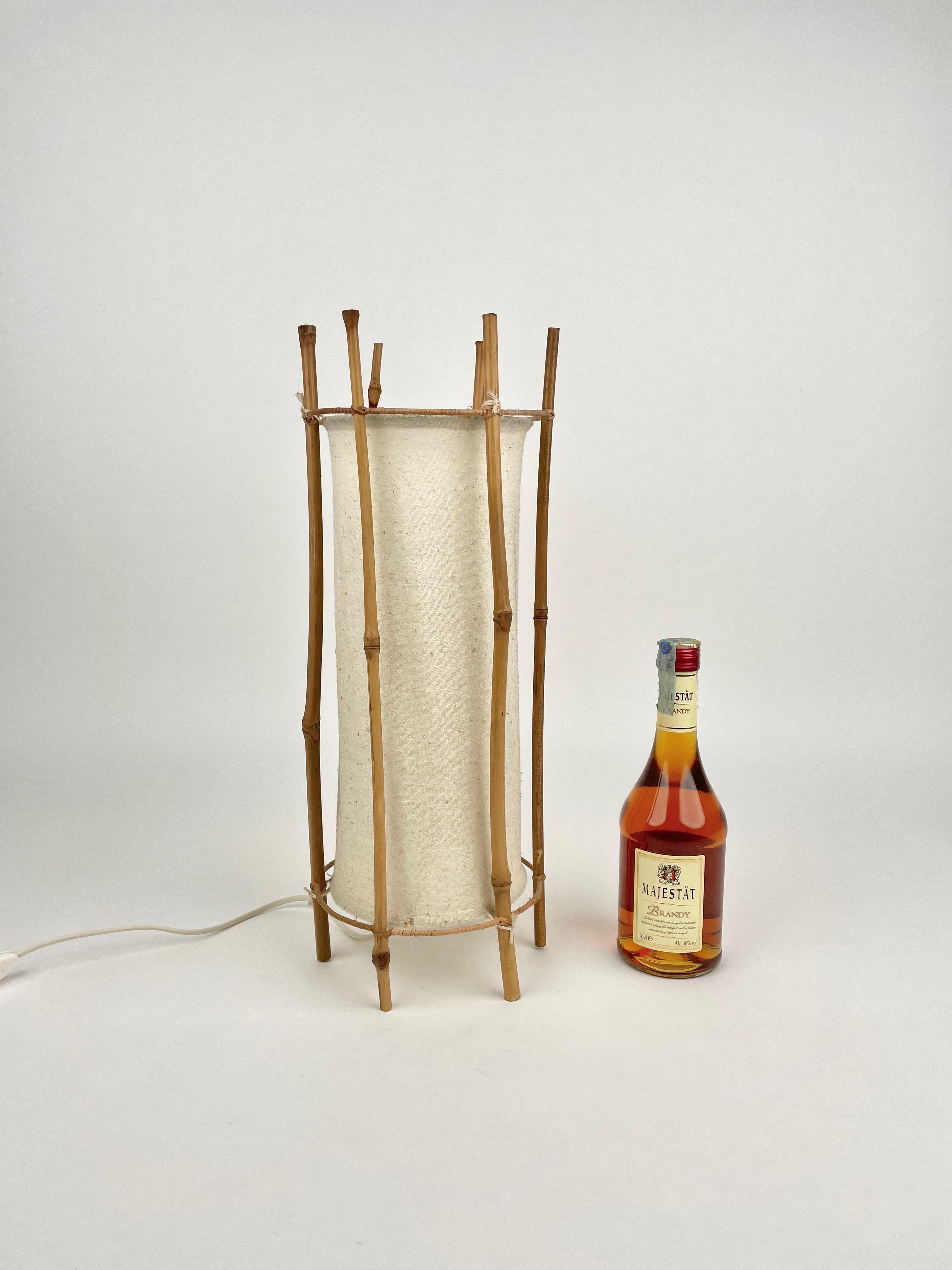 Table Lamp Cotton Bamboo & Rattan Attributed to Louis Sognot, France, 1950 1