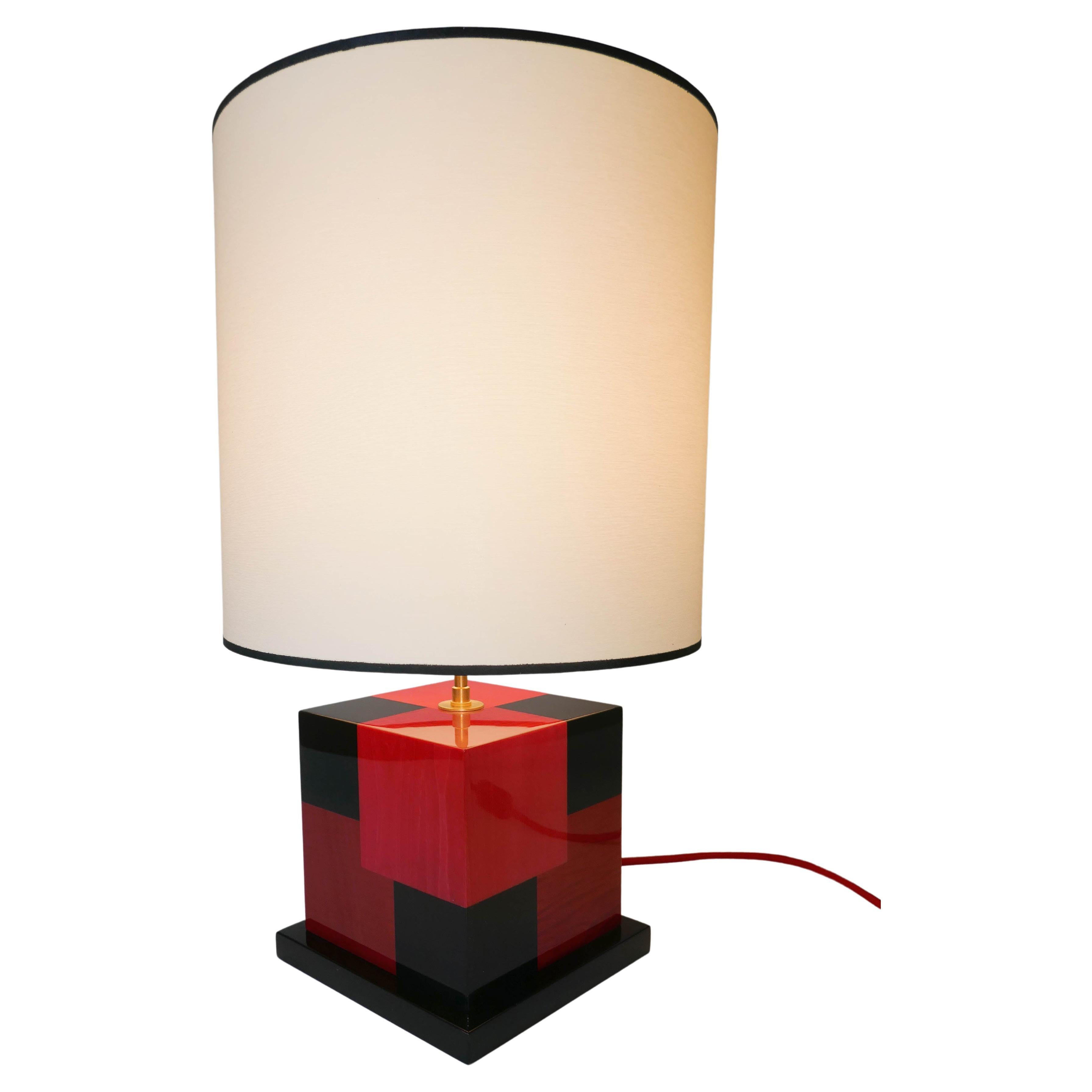 Table Lamp "Cubes" in Red Wood Marquetery by Aymeric Lefort For Sale