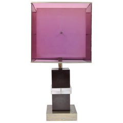 Table Lamp Design by Romeo Rega Purple Lucite and Chromed Brass Base, Italy 1970
