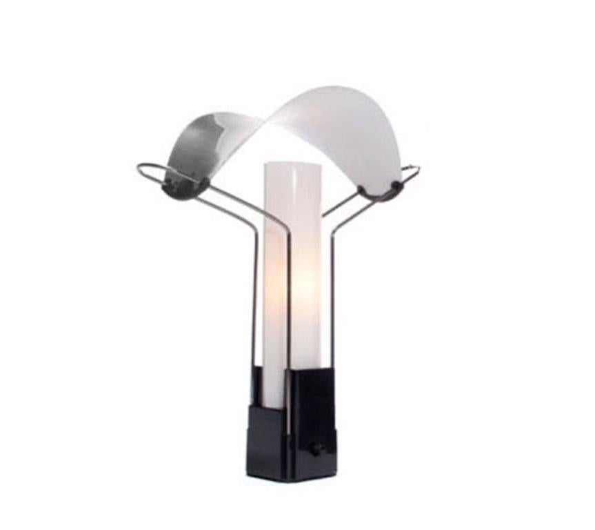 A 'palio' table lamp with black square bases supporting twin white glass diffusers and a curved aluminum 