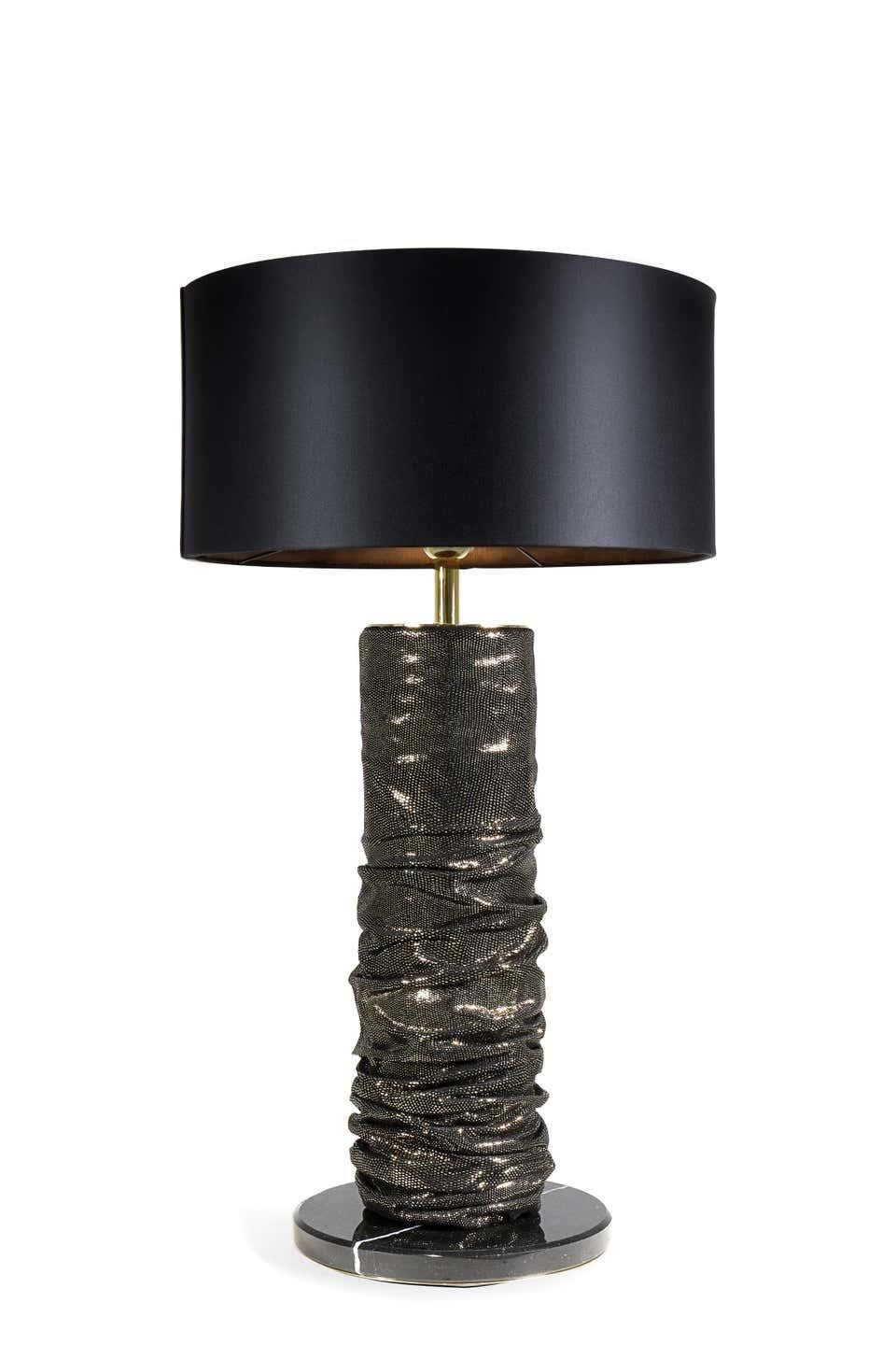 Table lamp
Base: Polished Nero Marquina marble
Body: Pixel Gold leather
Lamp shade: Opulent satin black 
Details: Polished brass in high gloss finish 
Measures: Height 37.41 in. (95 cm)
Width 17.72 in. (45 cm)
Depth 17.72 in. (45
