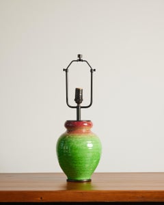 Green and Orange-Red Glazed Ceramic Table Lamp, Accolay, France, c. 1950