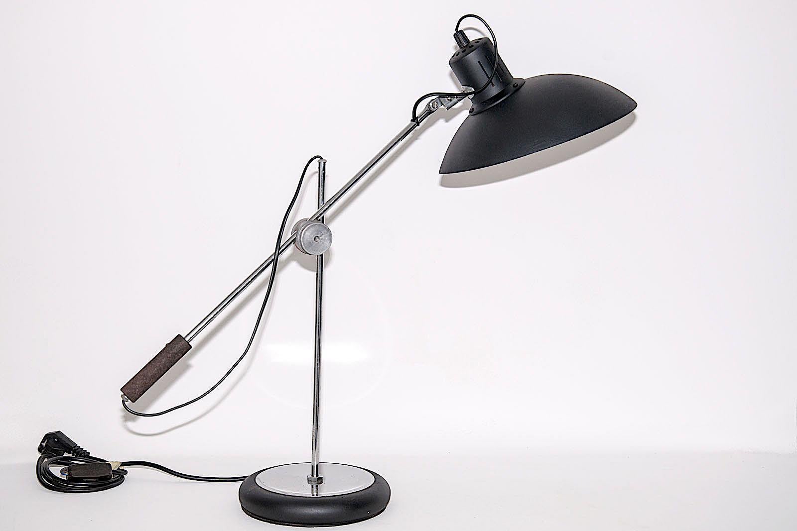 Mid-20th Century Table Lamp, French, 1960 in Steel with a Metal Articulated Arm and Black Shade