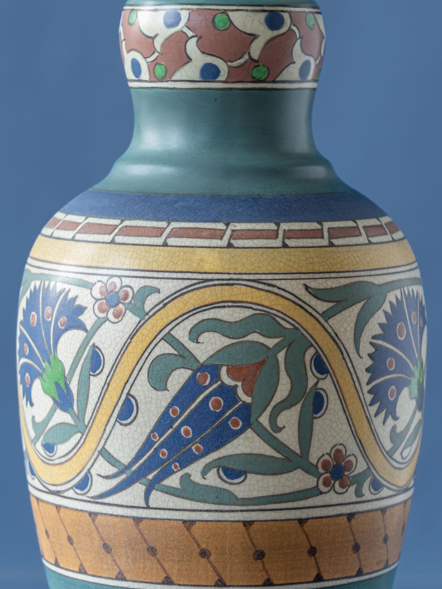 Peint à la main Lampe vase Lindus Arnhemsche Fayencefabriek 1910-1917, motifs Iznik en vente