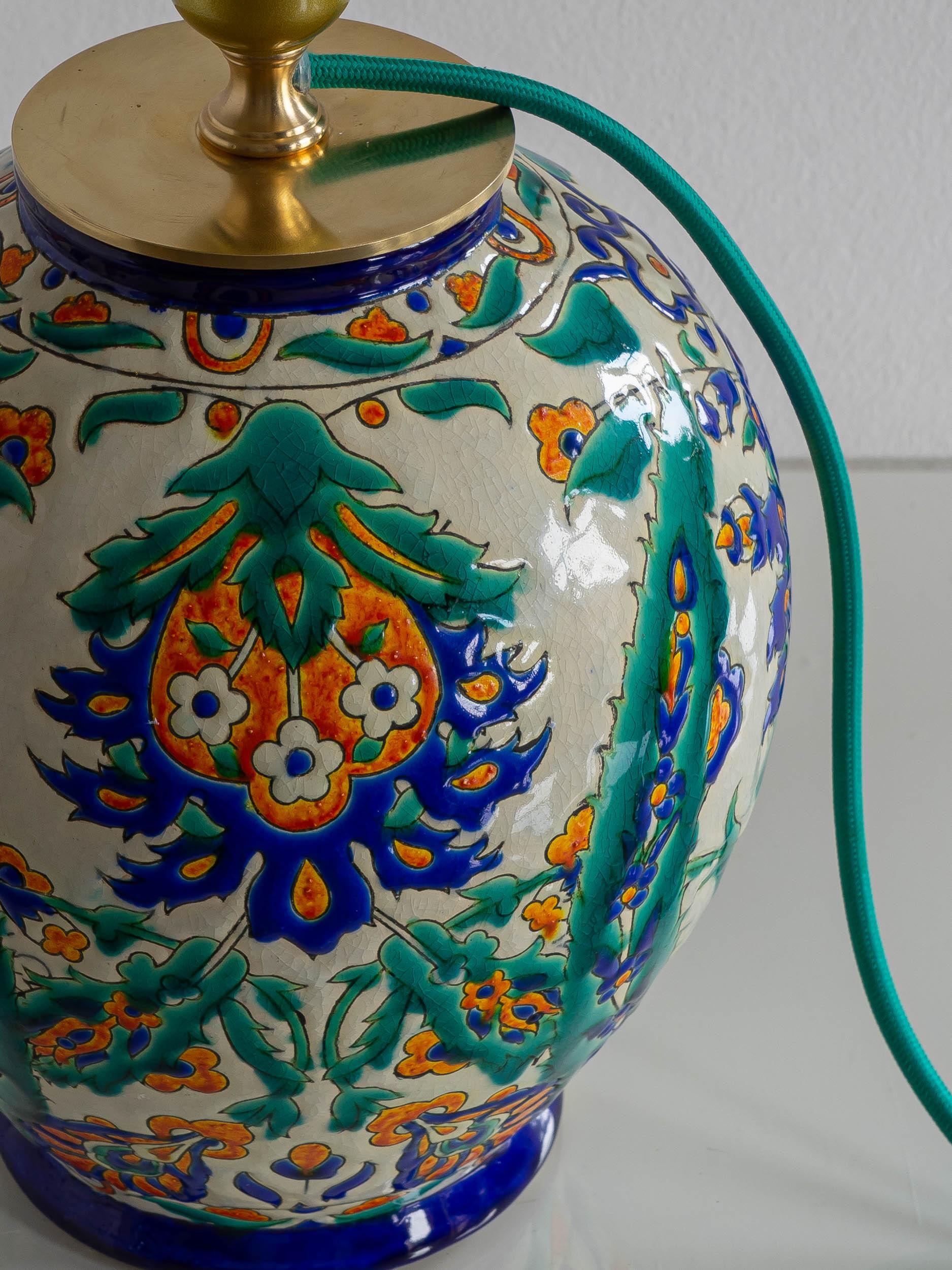 Belgian Art Deco Table Lamp, Boch Frères Iznik Decor, New Exclusive Pierre Frey Shade