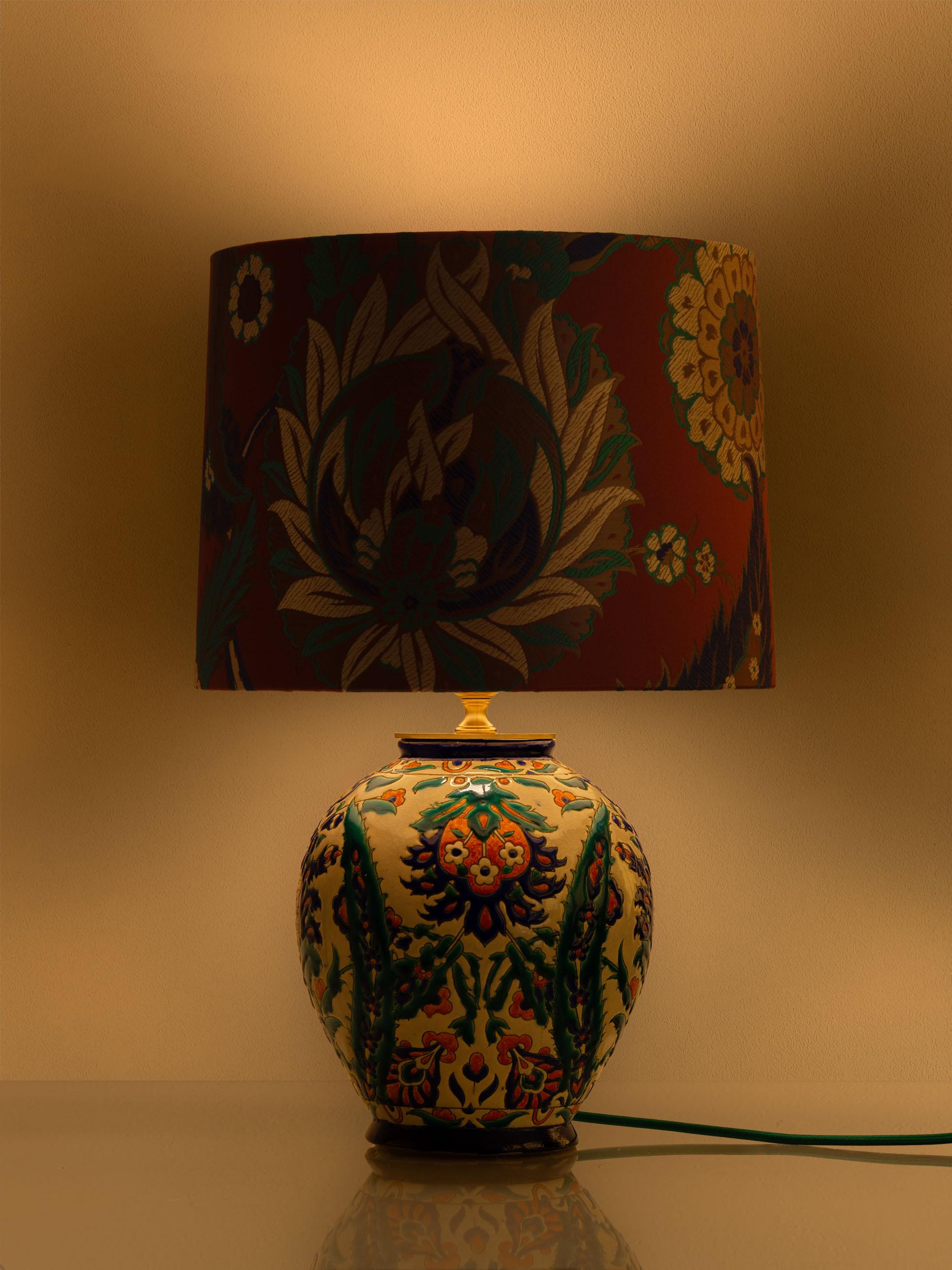 Boch Frères Art Deco Cloisonné Vase Lamp, Ottoman-Inspired, Pierre Frey Shade For Sale 2