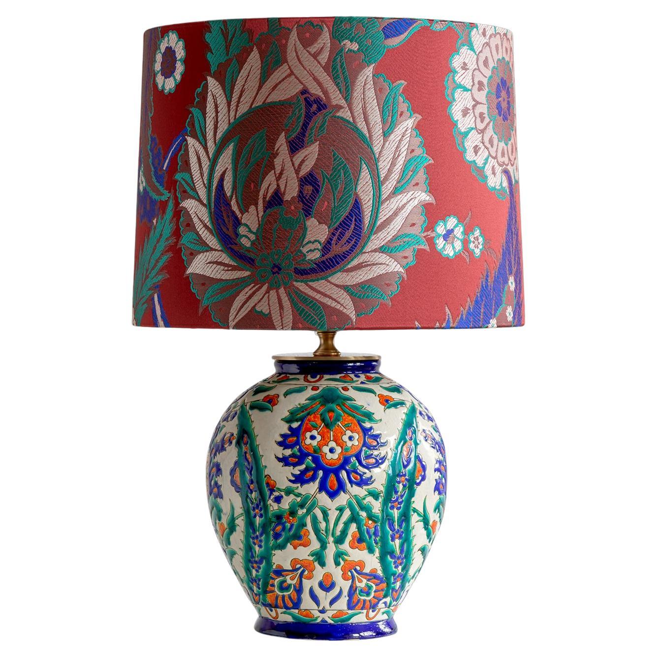 Boch Frères Art Deco Cloisonné Vase Lamp, Ottoman-Inspired, Pierre Frey Shade For Sale