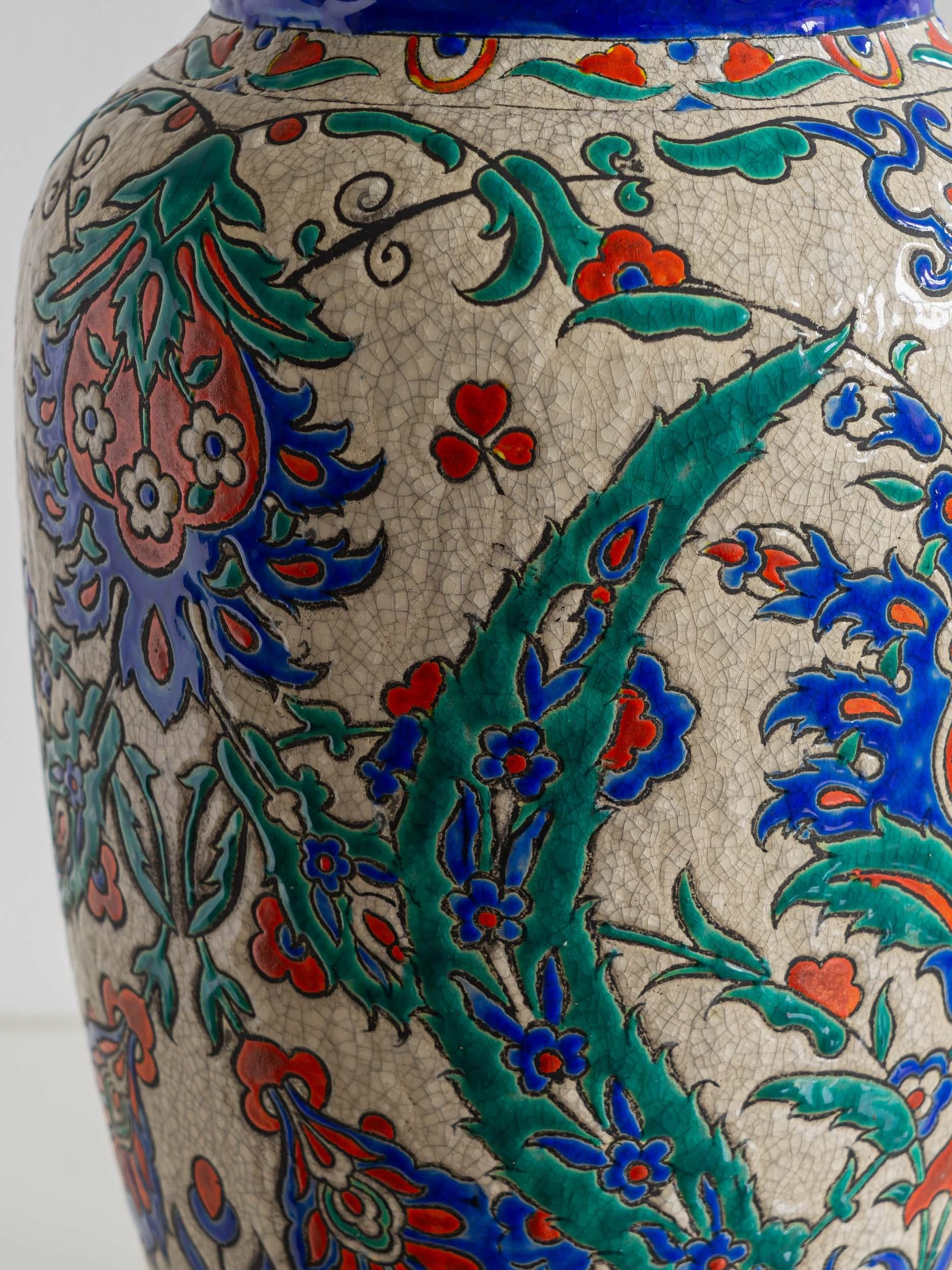 Art Deco Boch Frères Keramis Vase Lamp, Iznik Style, Pierre Frey Lampshade For Sale 3