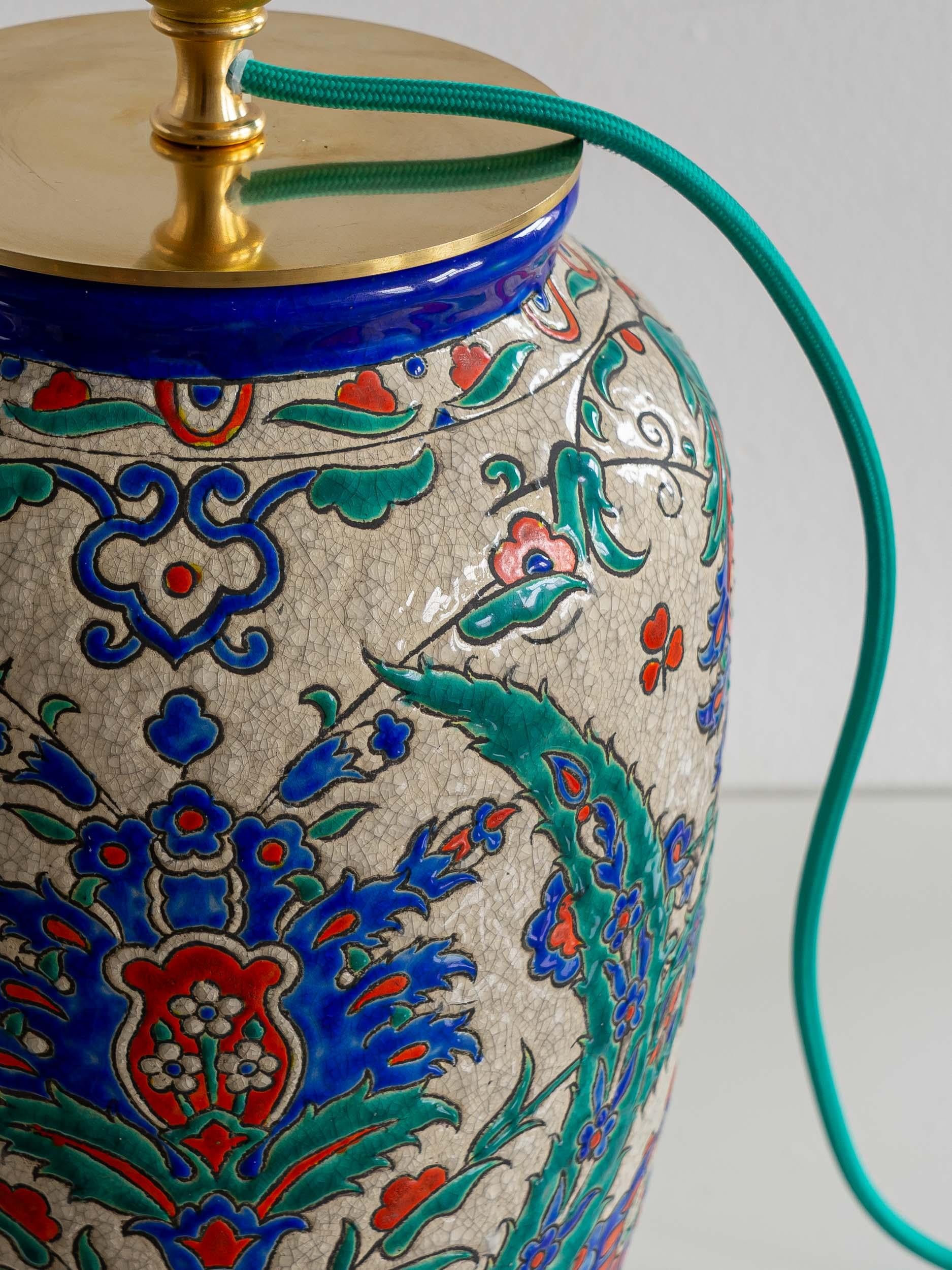 Belgian Art Deco Boch Frères Keramis Vase Lamp, Iznik Style, Pierre Frey Lampshade For Sale