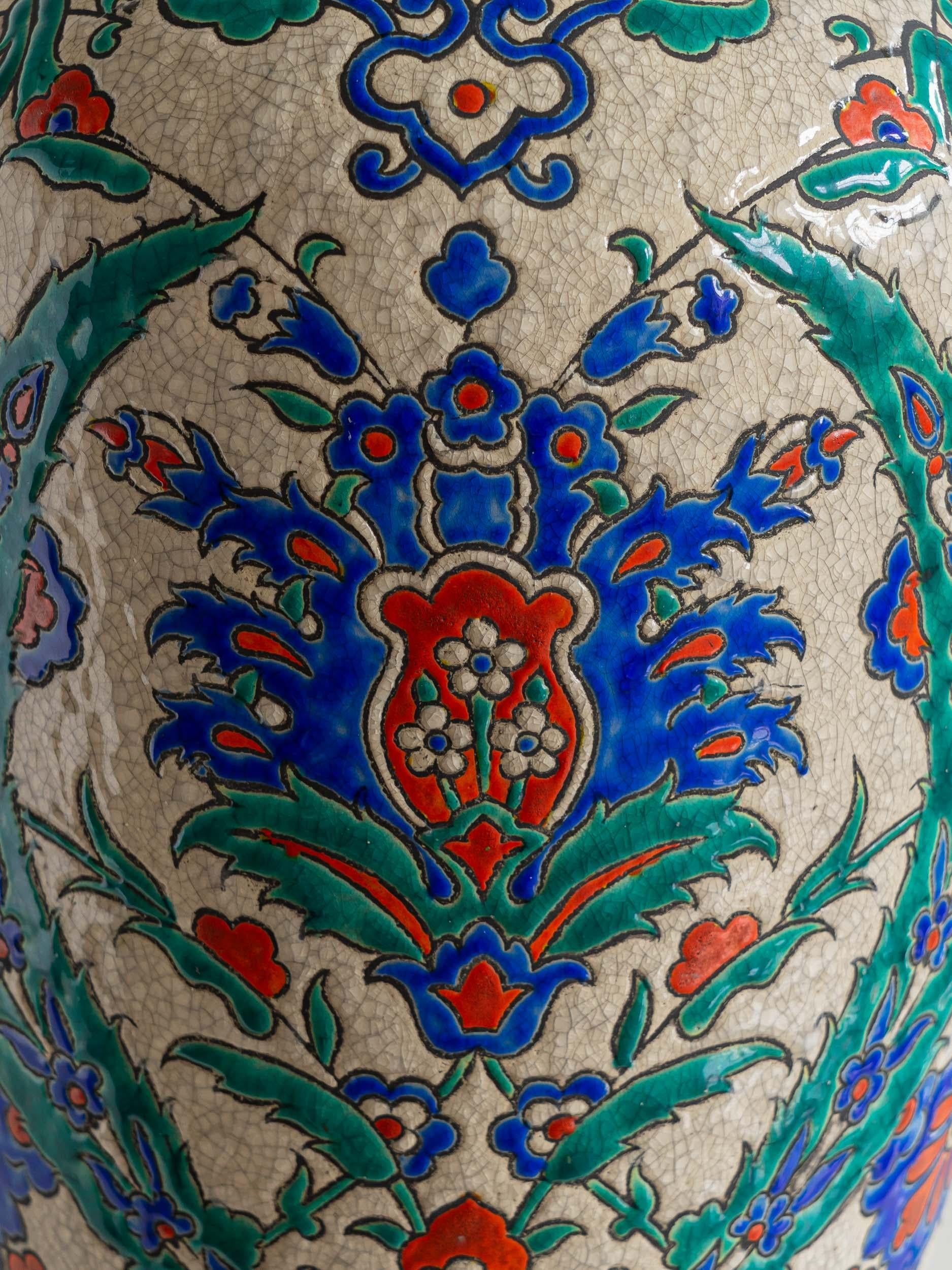 Hand-Painted Art Deco Boch Frères Keramis Vase Lamp, Iznik Style, Pierre Frey Lampshade For Sale