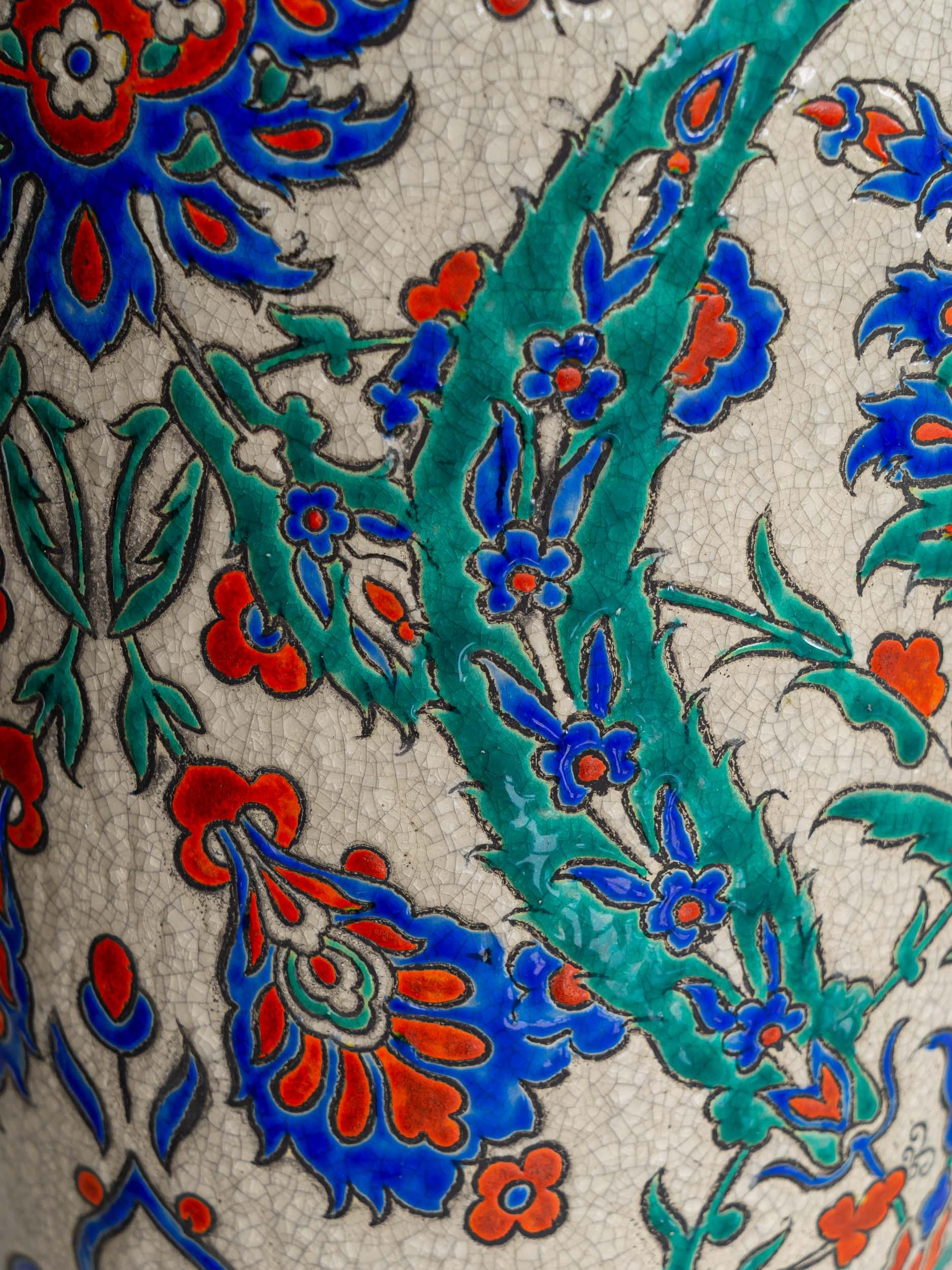 Art Deco Boch Frères Keramis Vase Lamp, Iznik Style, Pierre Frey Lampshade In Good Condition For Sale In AMSTERDAM, NL