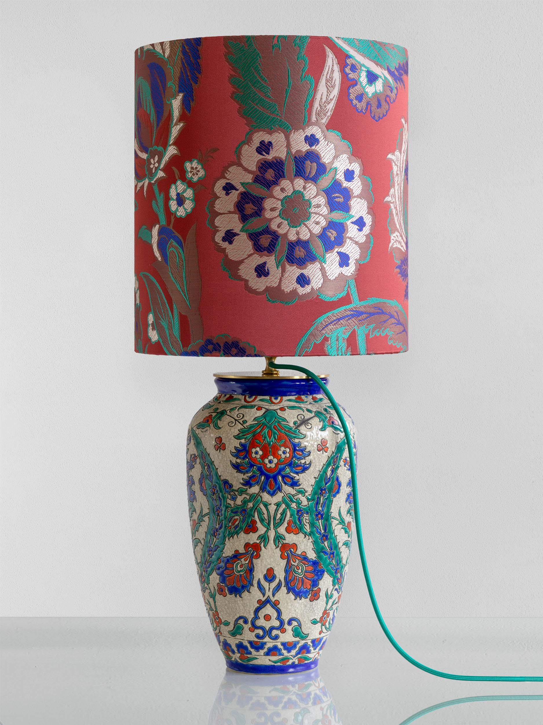 19th Century Art Deco Boch Frères Keramis Vase Lamp, Iznik Style, Pierre Frey Lampshade For Sale