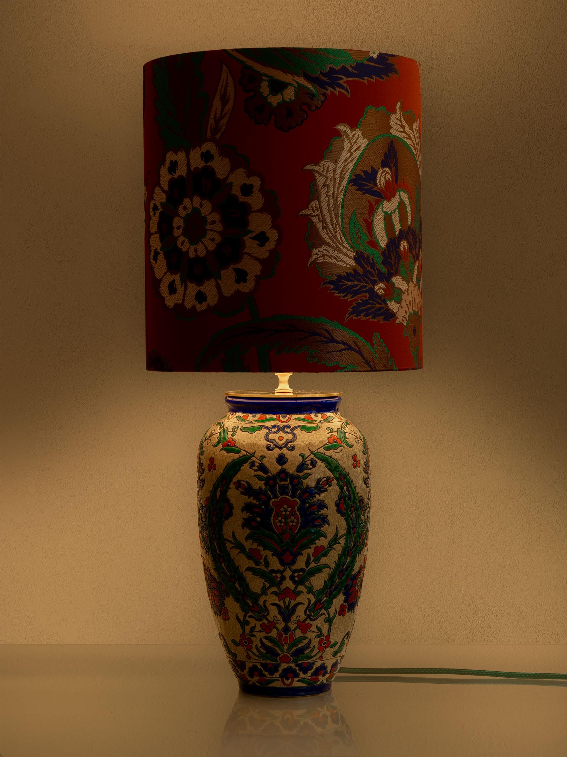Art Deco Boch Frères Keramis Vase Lamp, Iznik Style, Pierre Frey Lampshade For Sale 2