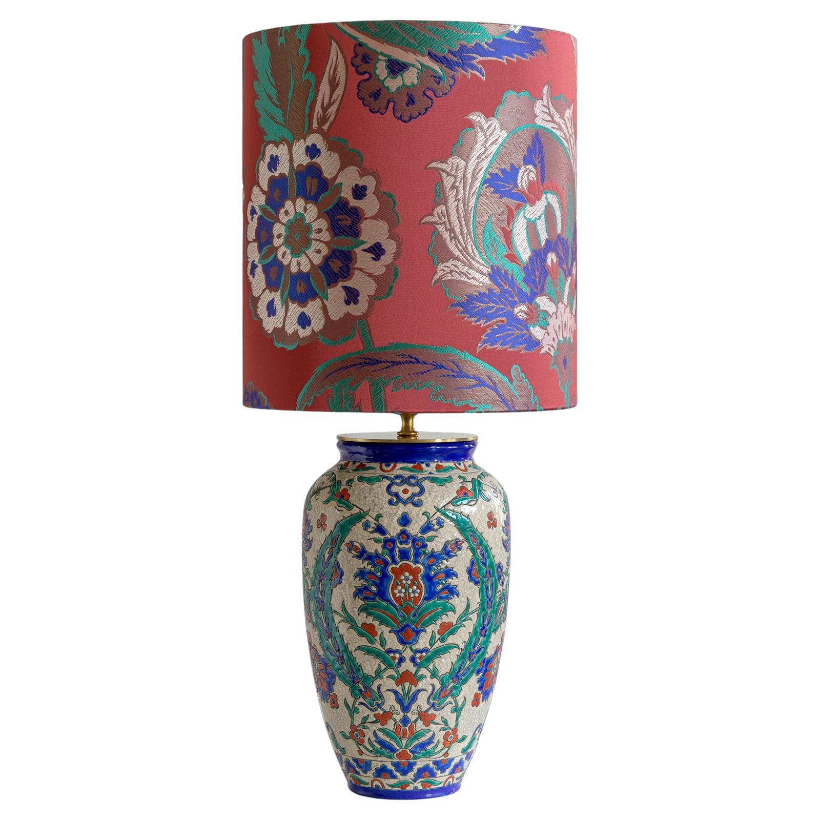 Art Deco Boch Frères Keramis Vase Lamp, Iznik Style, Pierre Frey Lampshade For Sale