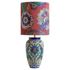 Antique Art Deco Boch Frères Keramis Vase Lamp, Iznik Style, Pierre Frey Lampshade
