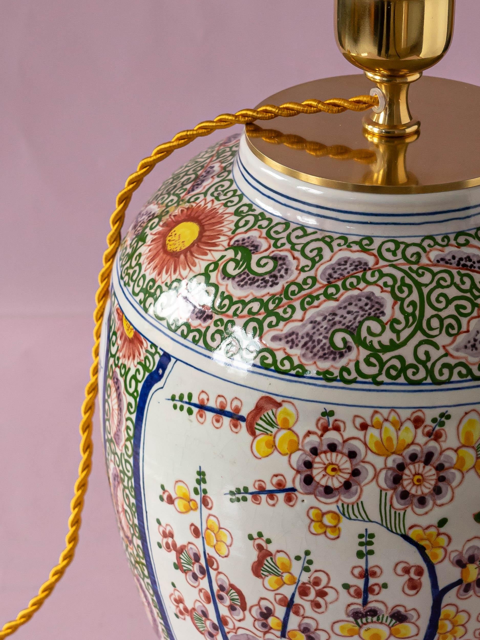 Chinoiserie Antique Delft Boch Frères Keramis Vase Lamp, Silk Sari Lampshade, 1872-1900 For Sale