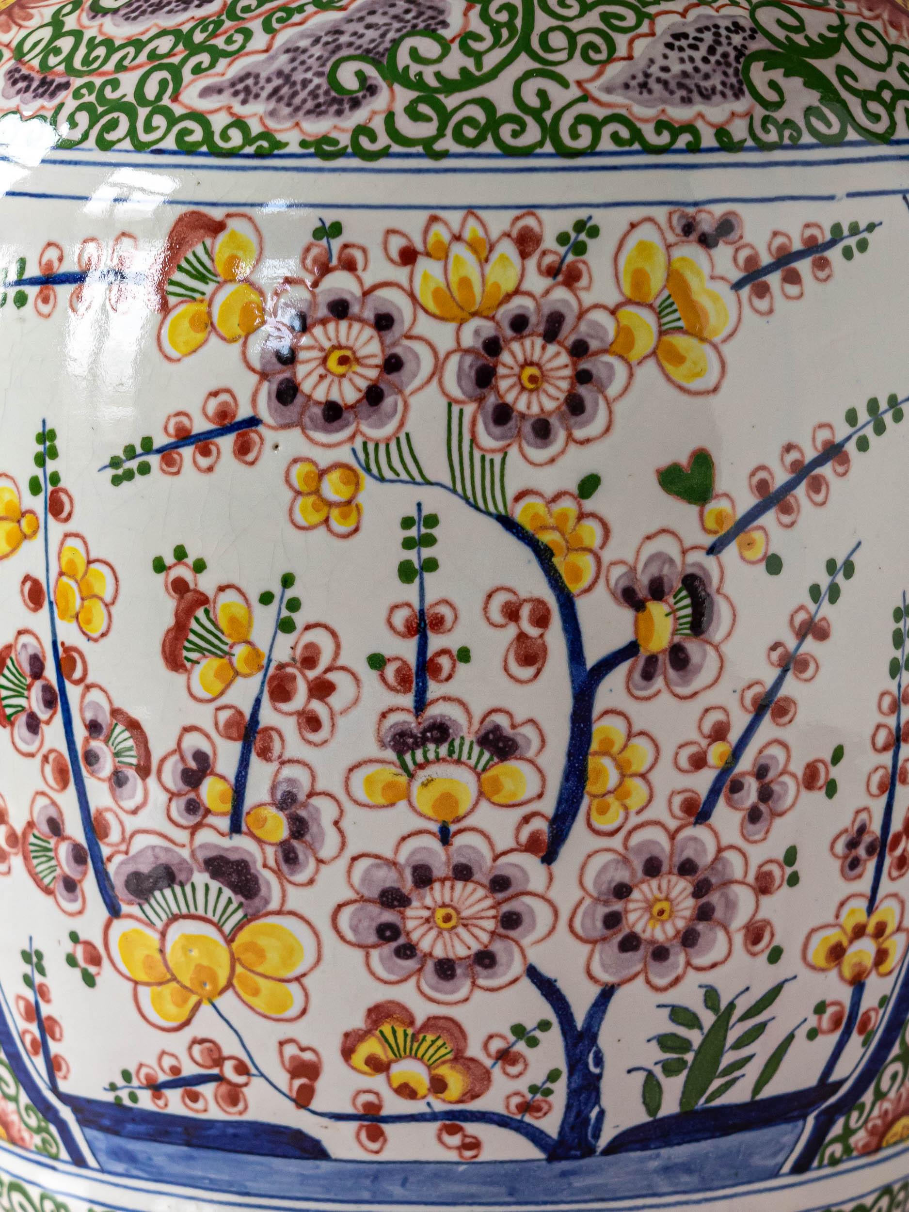 Belgian Antique Delft Boch Frères Keramis Vase Lamp, Silk Sari Lampshade, 1872-1900 For Sale