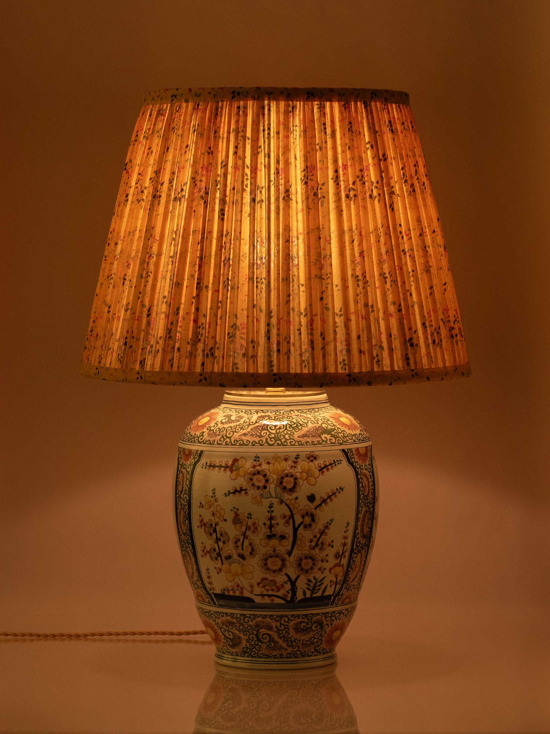 Brass Boch Frères 1870s Handcrafted Table Lamp, Dutch Faience, New Silk Sari Shade