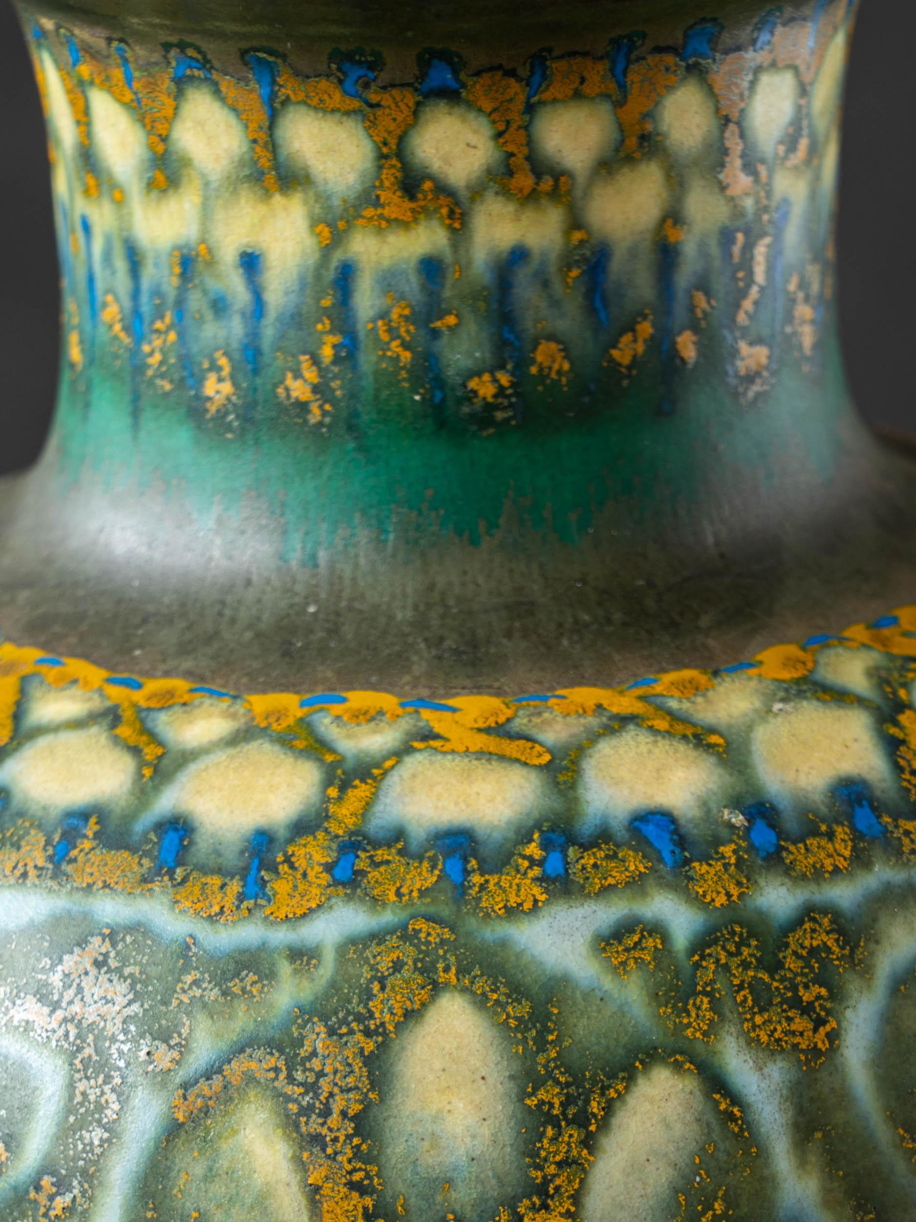 Brass 1921 PZH Gouda Vase Table Lamp, Art Deco, Murano Gold Velvet Lampshade For Sale