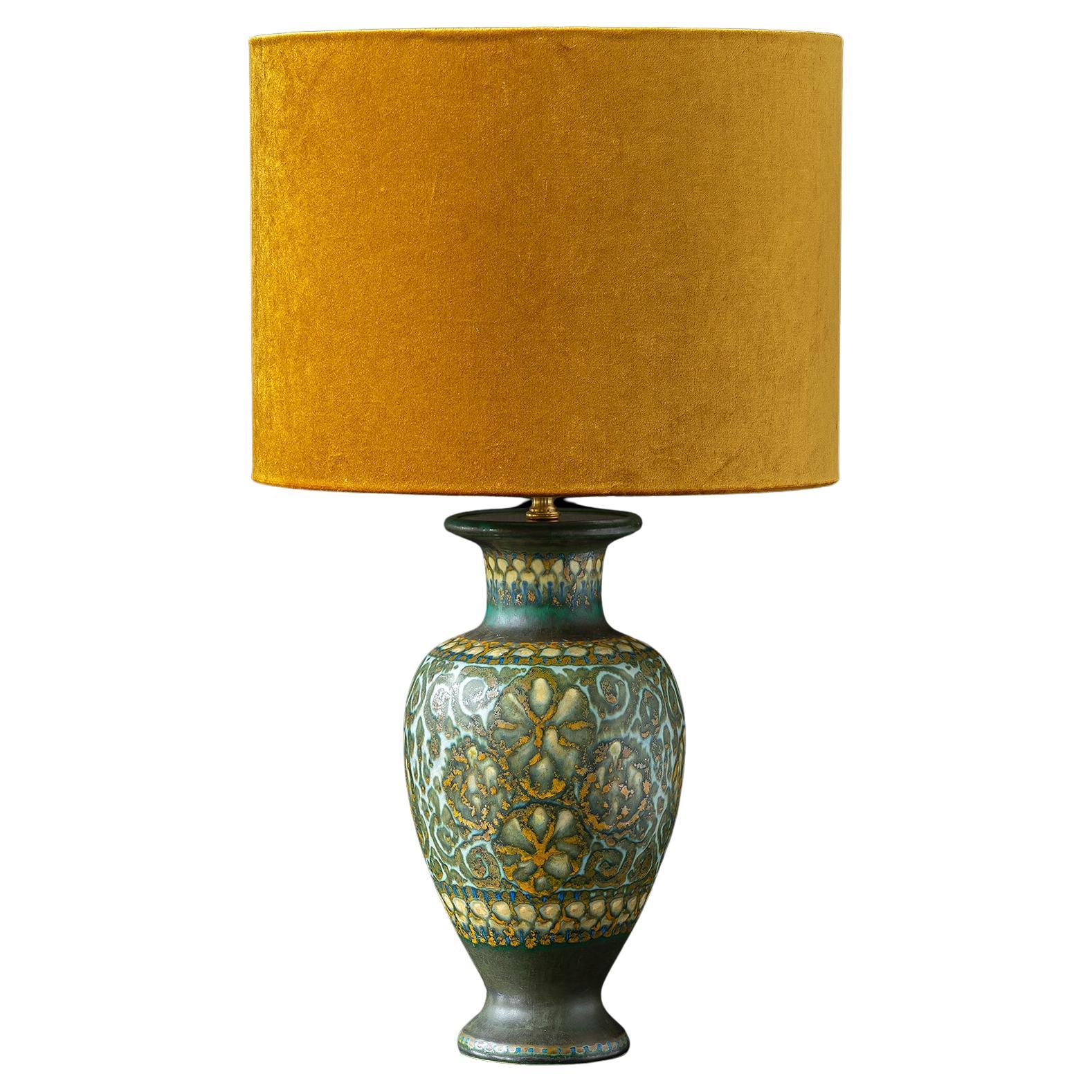 1921 PZH Gouda Vase Table Lamp, Art Deco, Murano Gold Velvet Lampshade For Sale