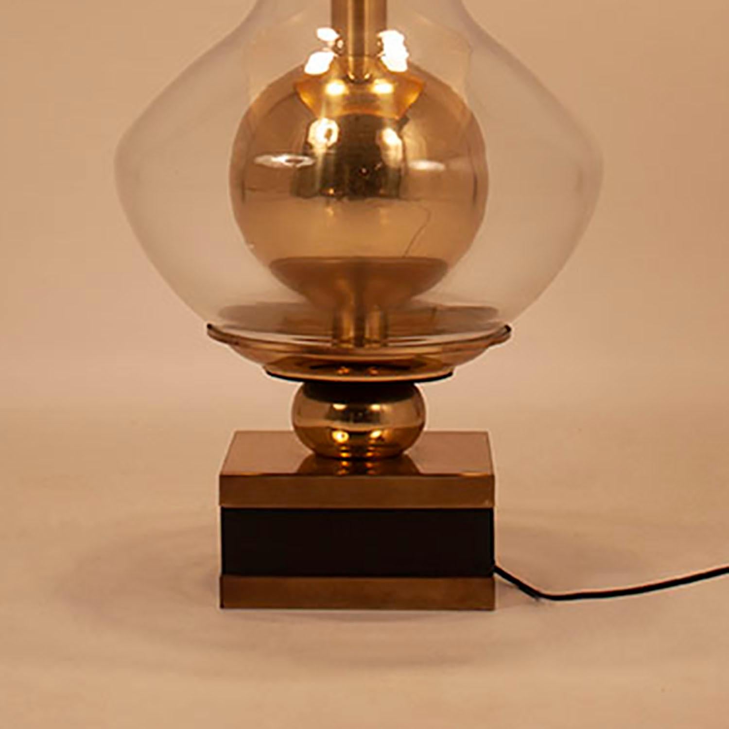 Spanish Lumica Midcentury Golden Brass and Glass Table Lamp with Black Shade, 1970s