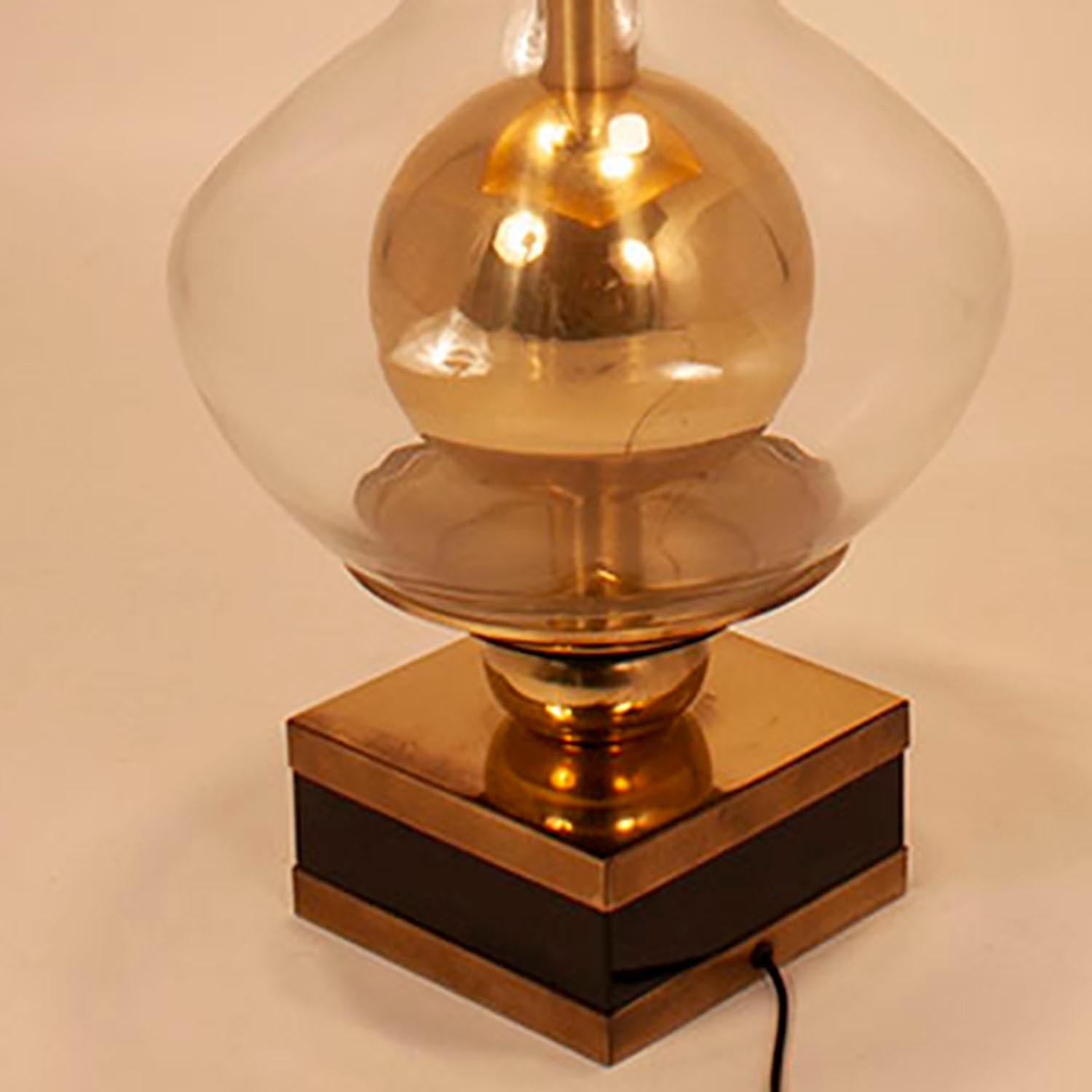 Late 20th Century Lumica Midcentury Golden Brass and Glass Table Lamp with Black Shade, 1970s