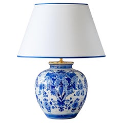 Vintage Royal Delft Blue 1974 Vase Table Lamp, White Satin Lampshade with Cobalt Trim