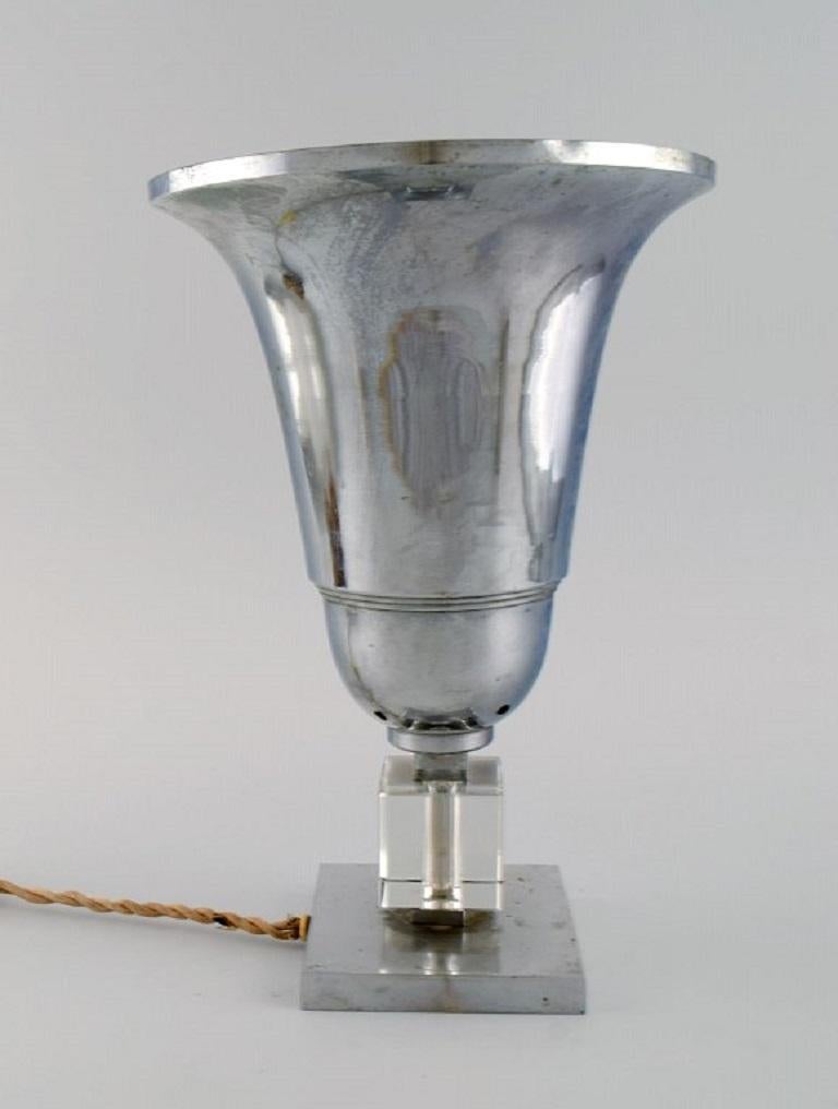 Art Deco Table Lamp in Aluminum and Clear Art Glass, French Design, 1940s For Sale