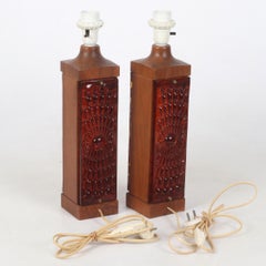 Table lamp in amber red Cast Glass and Teak a Pair, Sweden, 1970s