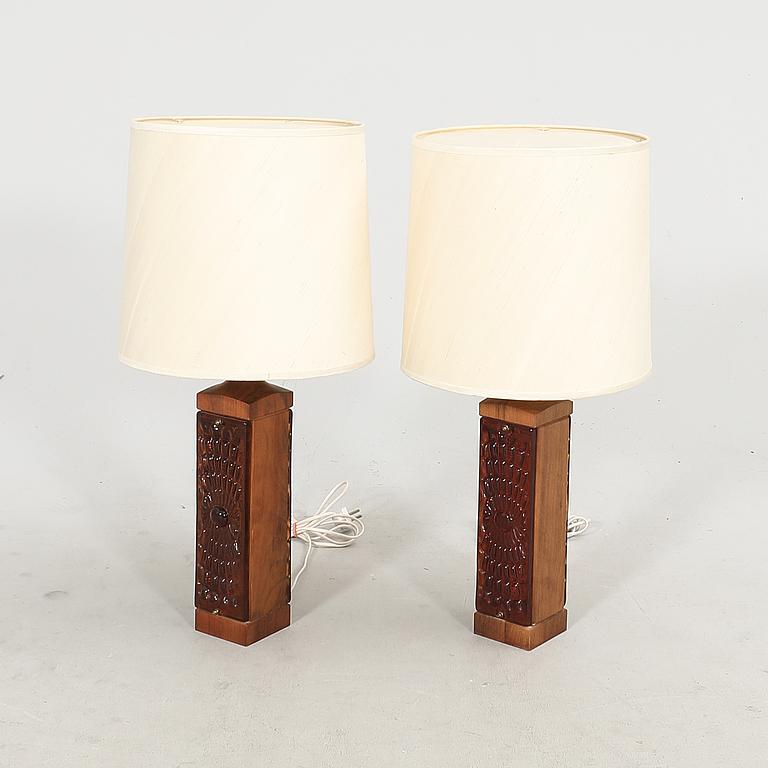 Swedish Table lamp in amber red Cast Glass and Teak a Pair, Sweden, 1970s For Sale
