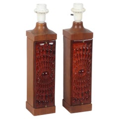 Table lamp in amber red Cast Glass and Teak a Pair, Sweden, 1970s