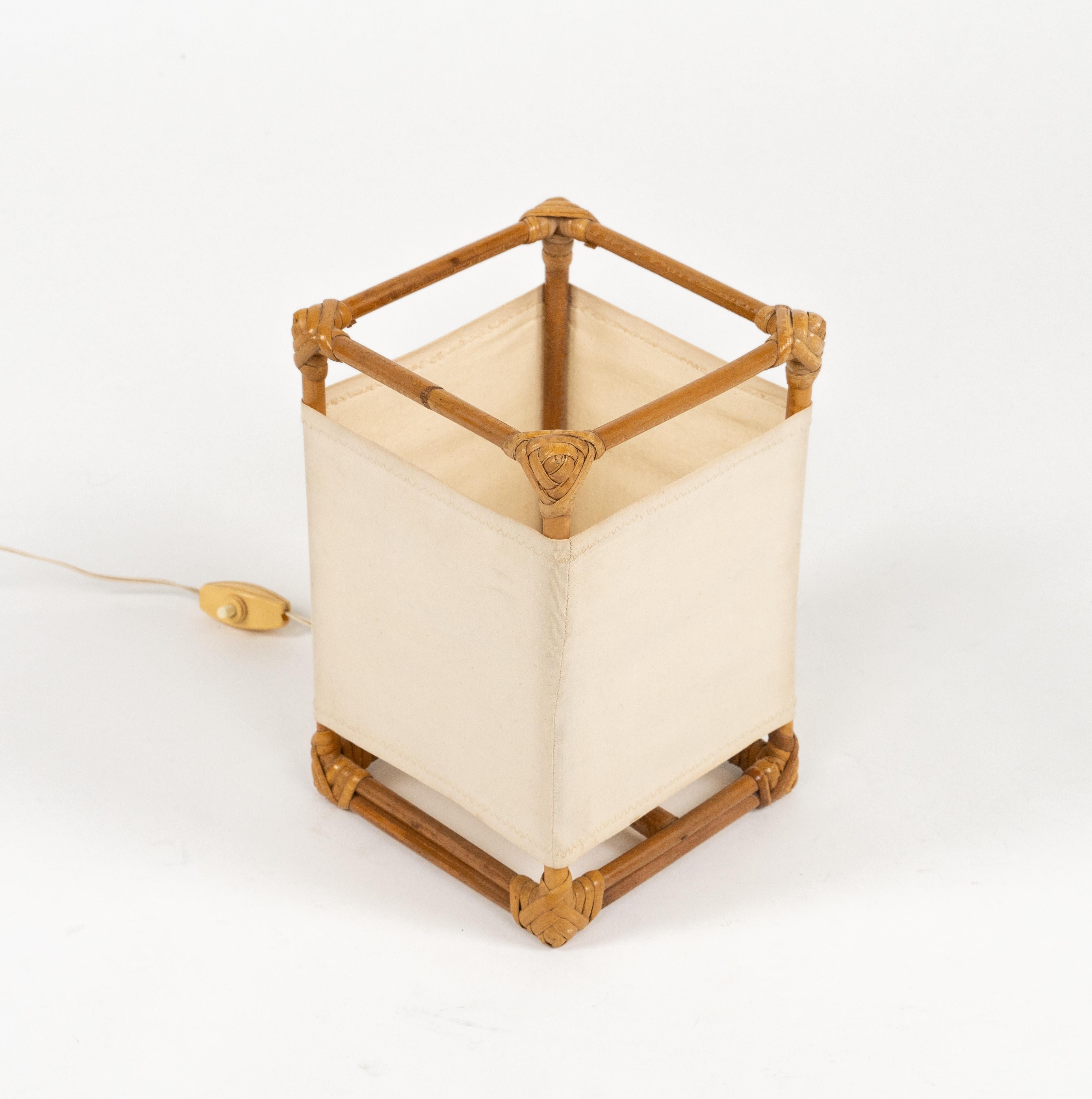Mid-Century Modern Table Lamp in Bamboo, Rattan and Fabric Attributed to Louis Sognot, France 1960s For Sale