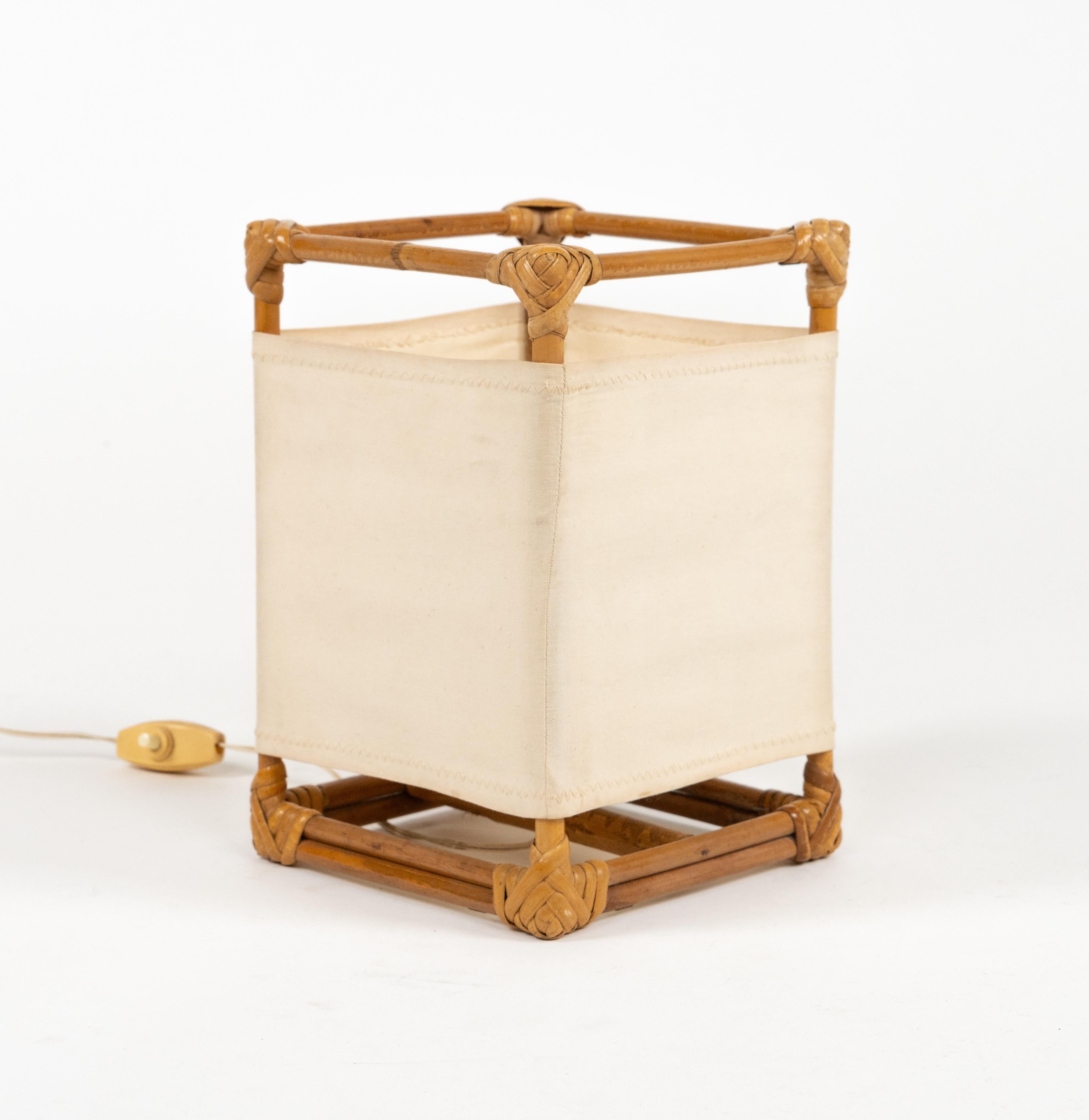 French Table Lamp in Bamboo, Rattan and Fabric Attributed to Louis Sognot, France 1960s For Sale