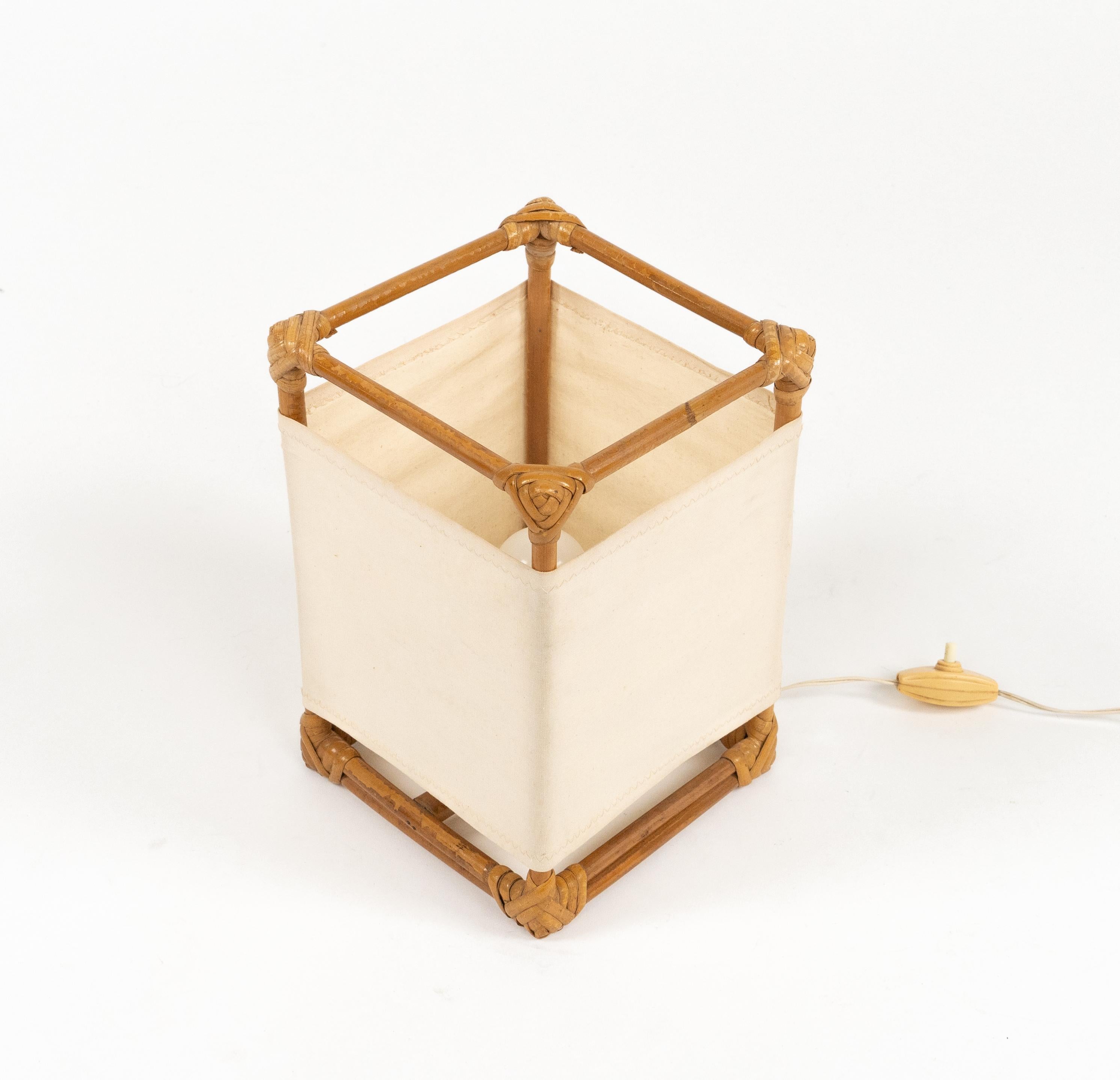 Mid-20th Century Table Lamp in Bamboo, Rattan and Fabric Attributed to Louis Sognot, France 1960s For Sale