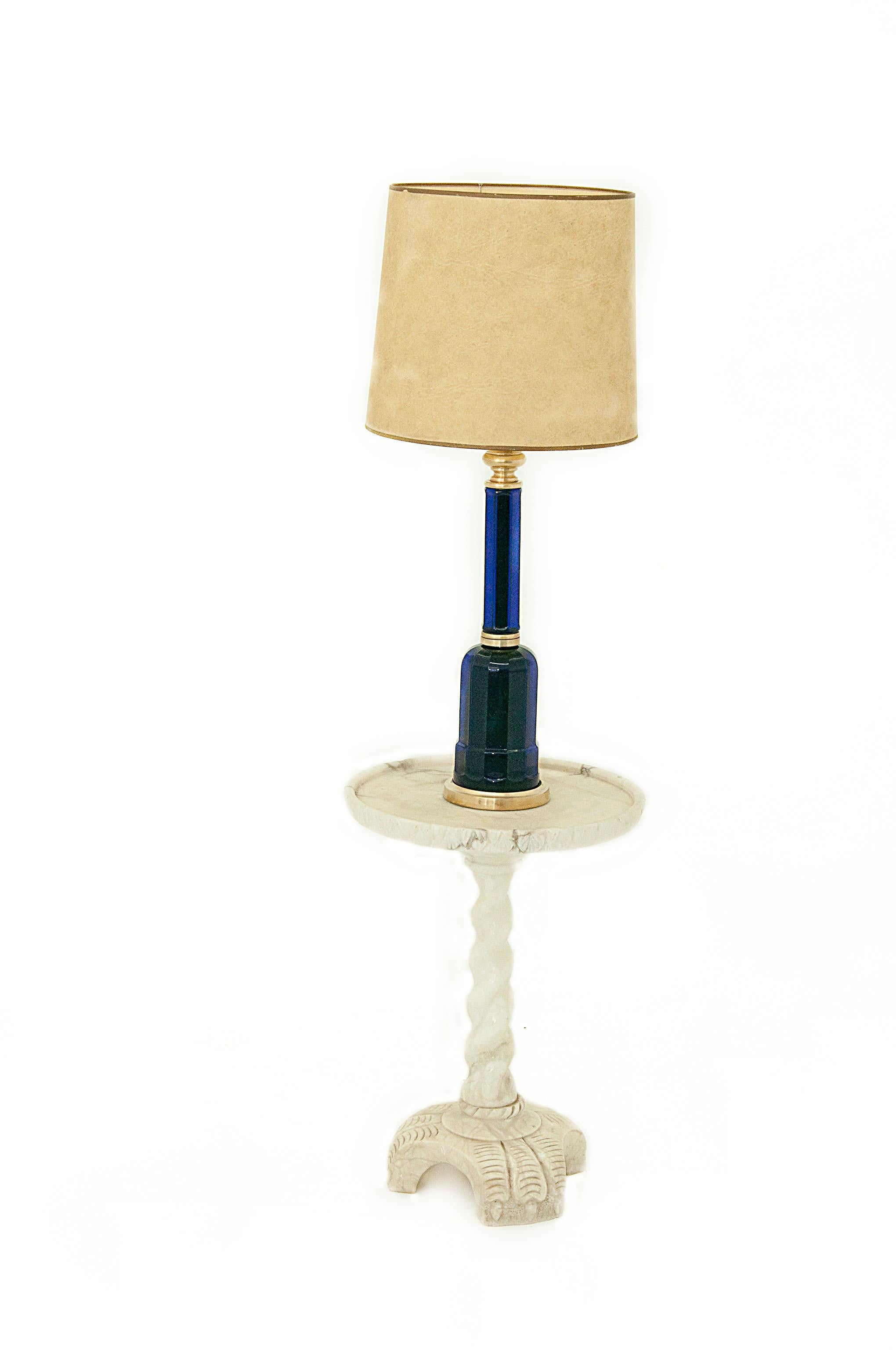 Table Lamp in Blue Glass and Brass, Large, 1970, in the Murano Style In Good Condition In Auribeau sur Siagne, FR