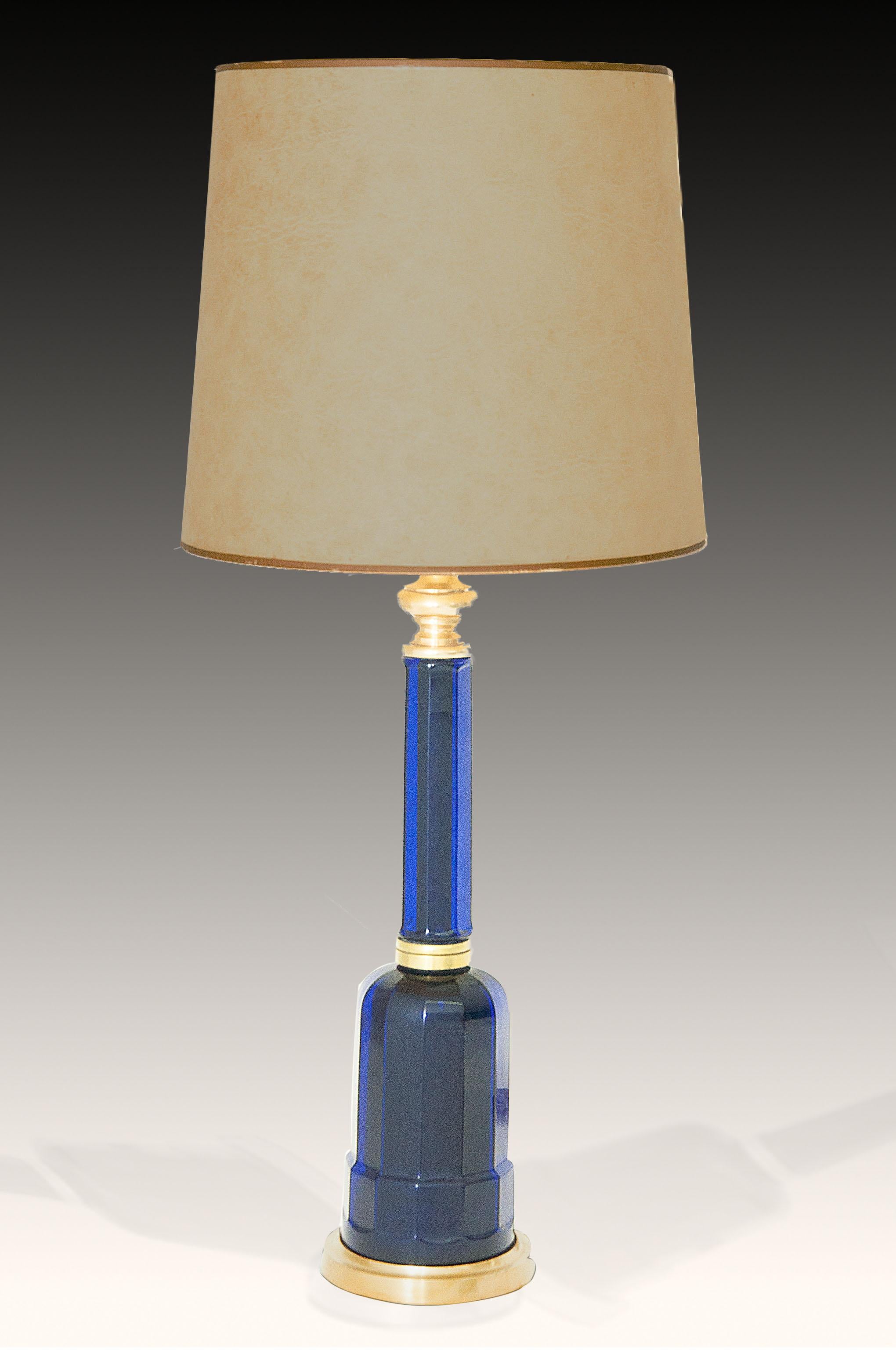 Art Glass Table Lamp in Blue Glass and Brass, Large, 1970, in the Murano Style