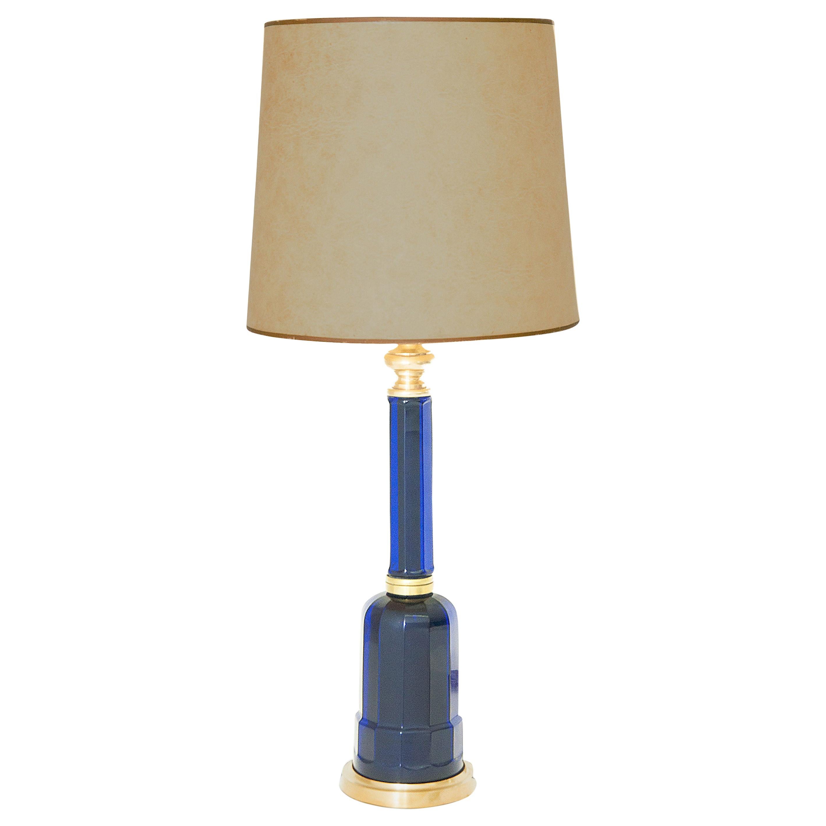 Table Lamp in Blue Glass and Brass, Large, 1970, in the Murano Style