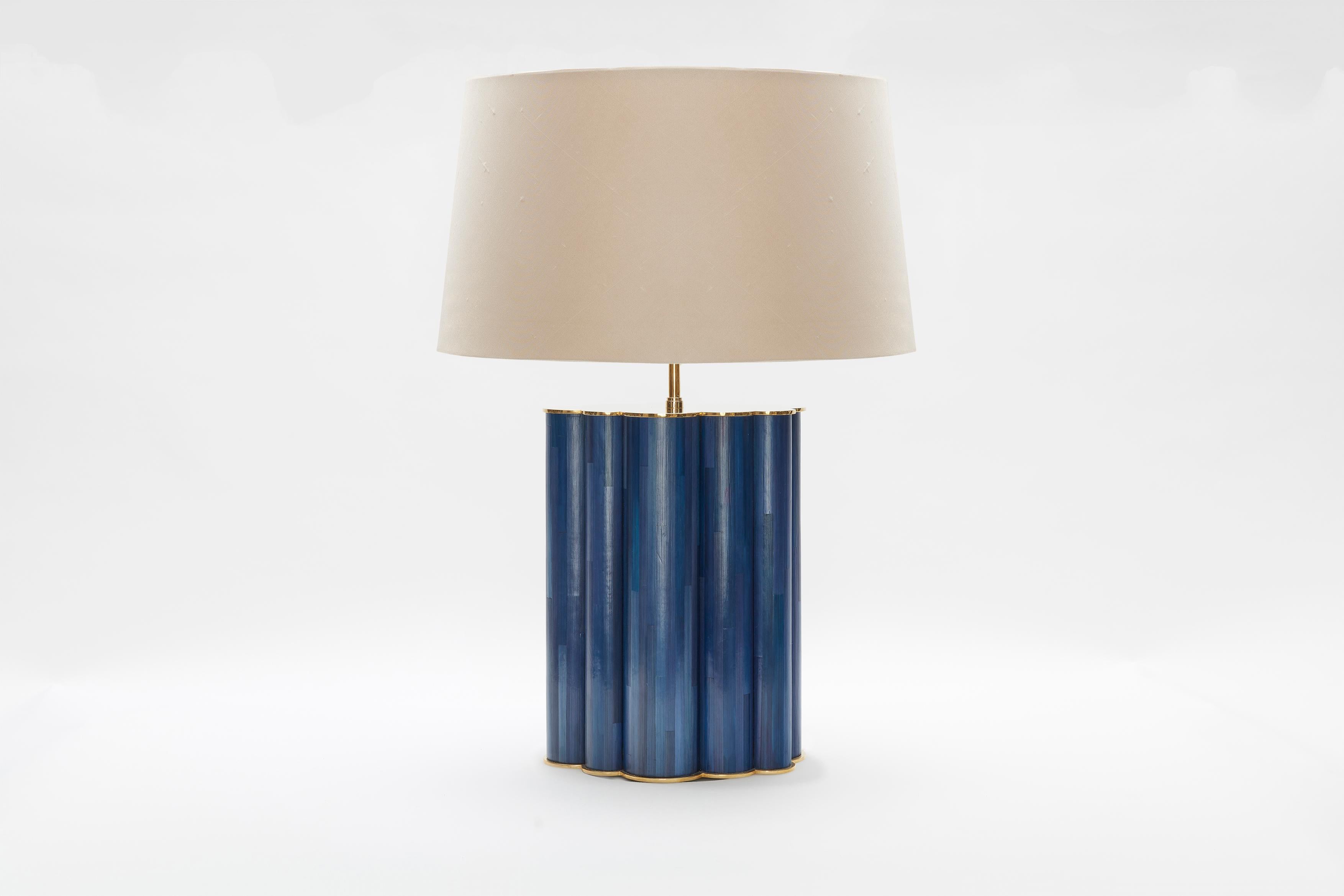 Cloud blue or brown straw marquetry lamp by Simon Orrell Design
Height (not including lampshade) 35cm Width 26 cm Depth 19cm
Finish: Straw Marquetry and brass / Lamp fittings: Bronze
Plug and inline switch: Black or White / Flex: Black, White,