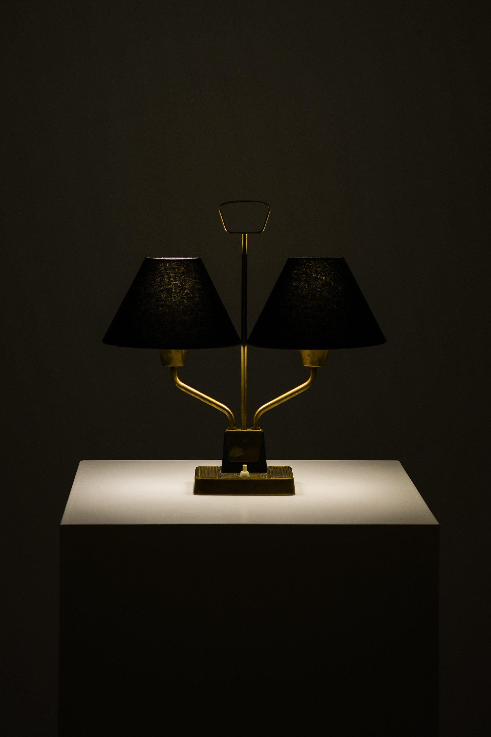 Swedish Table Lamp in Brass and Black Fabric Lamp Shades by Sonja Katzin, 1950's ASEA For Sale