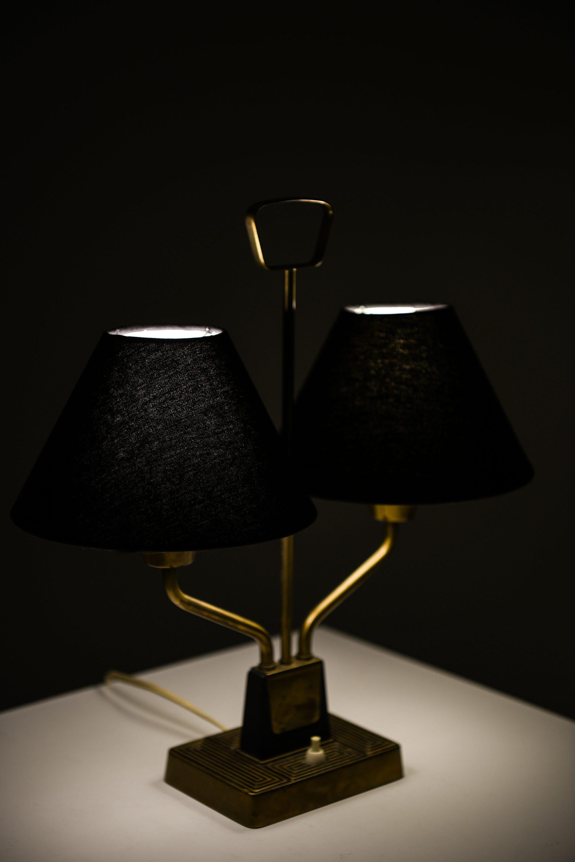 20th Century Table Lamp in Brass and Black Fabric Lamp Shades by Sonja Katzin, 1950's ASEA For Sale