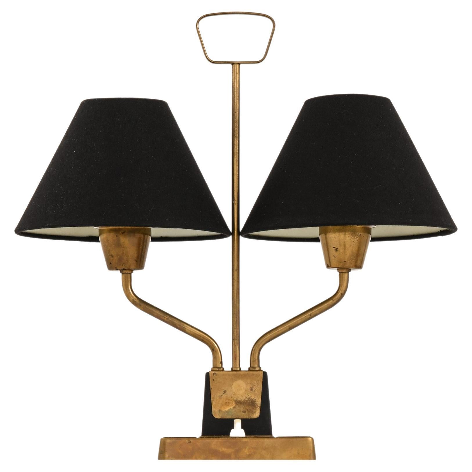 Table Lamp in Brass and Black Fabric Lamp Shades by Sonja Katzin, 1950's ASEA For Sale