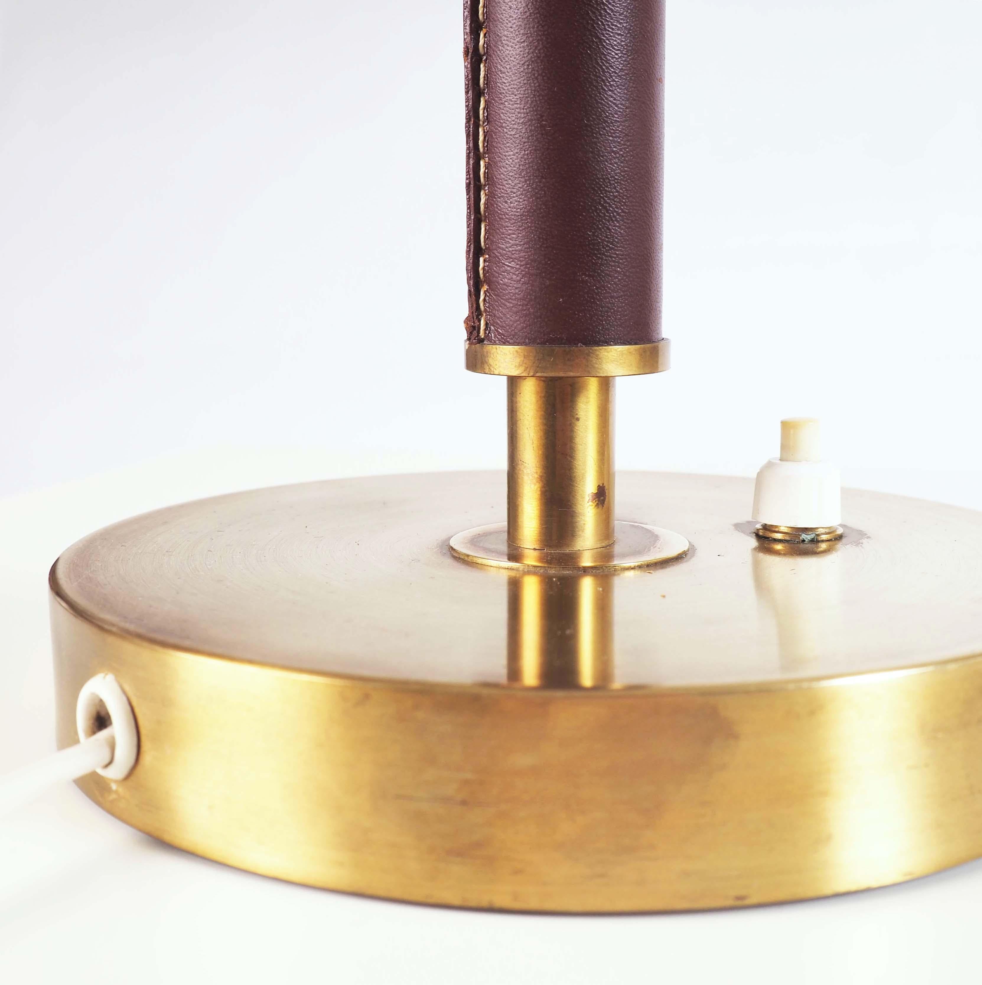 Scandinavian Modern Table Lamp in Brass and Leather by Falkenberg Belysning, Sweden