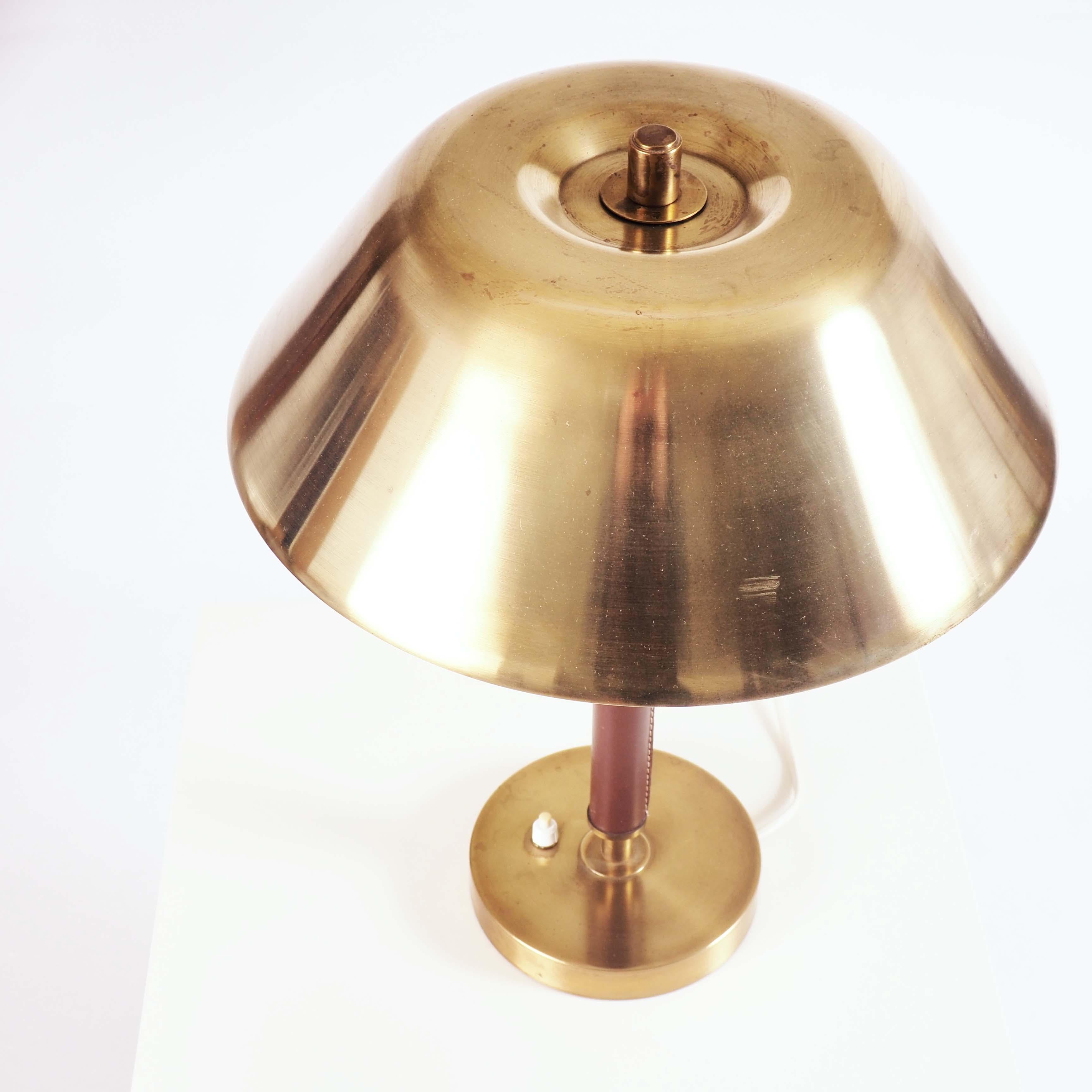 Mid-20th Century Table Lamp in Brass and Leather by Falkenberg Belysning, Sweden