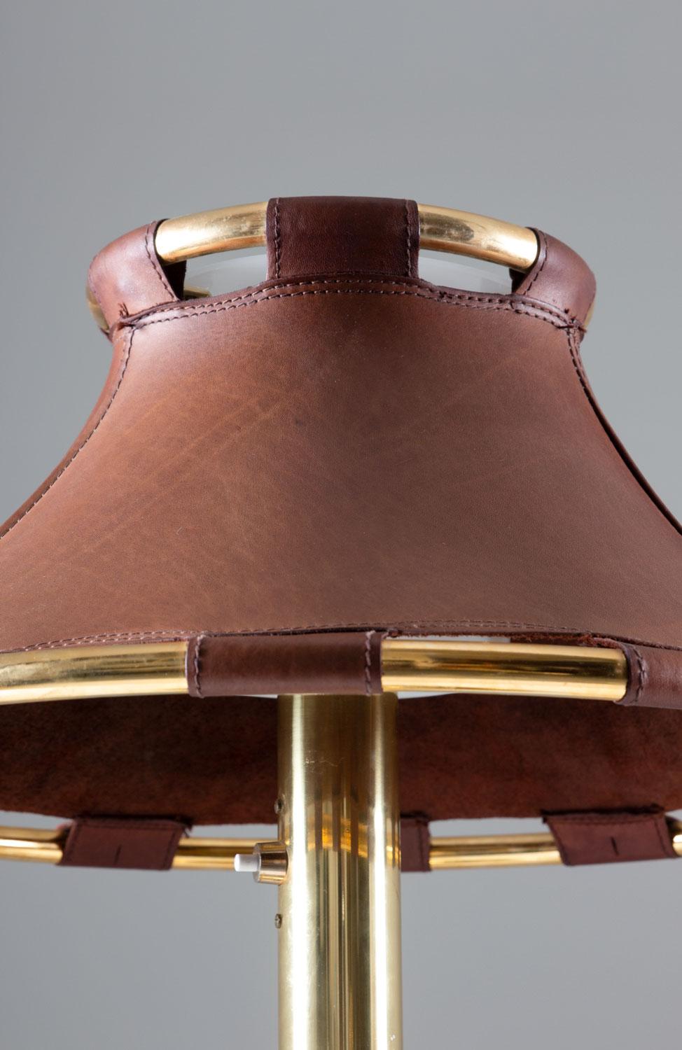 Scandinavian Modern Table Lamp in Brass and Leather Model 