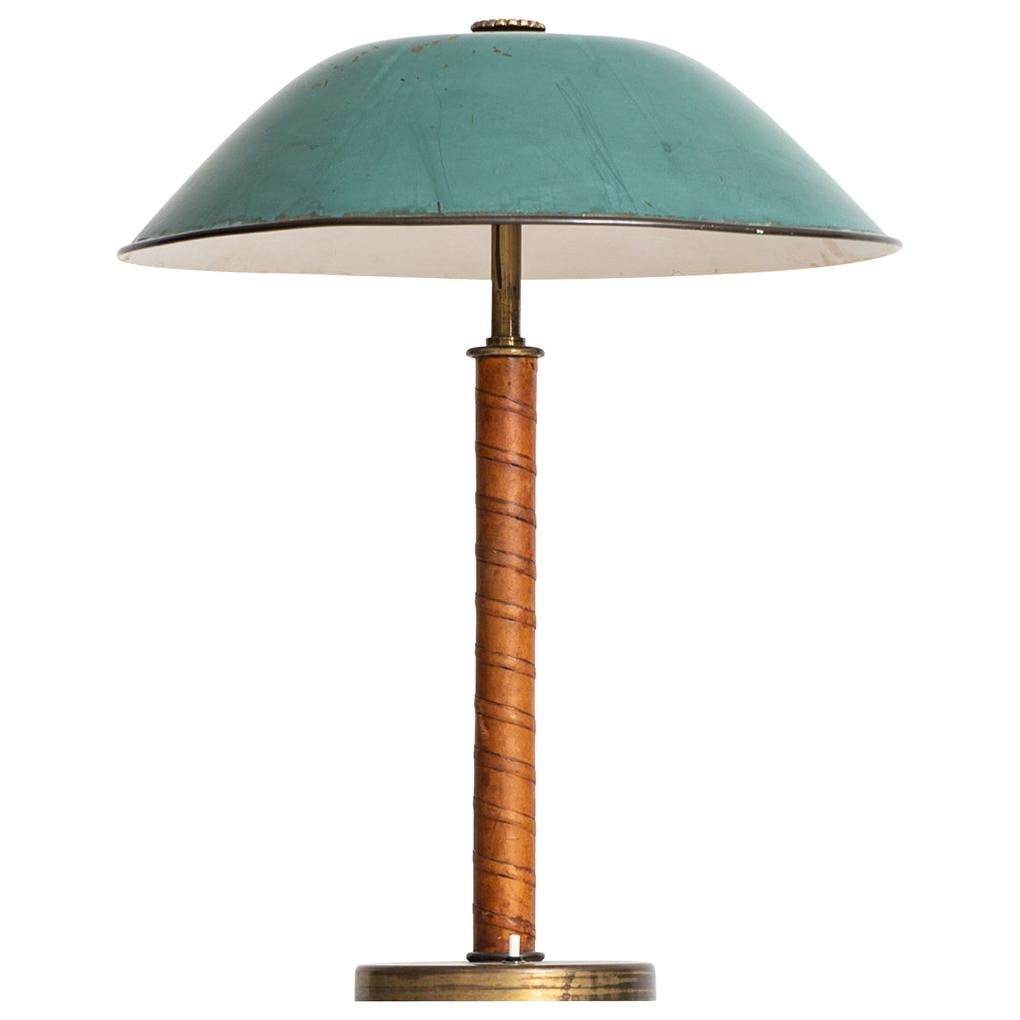 Table Lamp in Brass and Leather Produced by Nordiska Kompaniet in Sweden