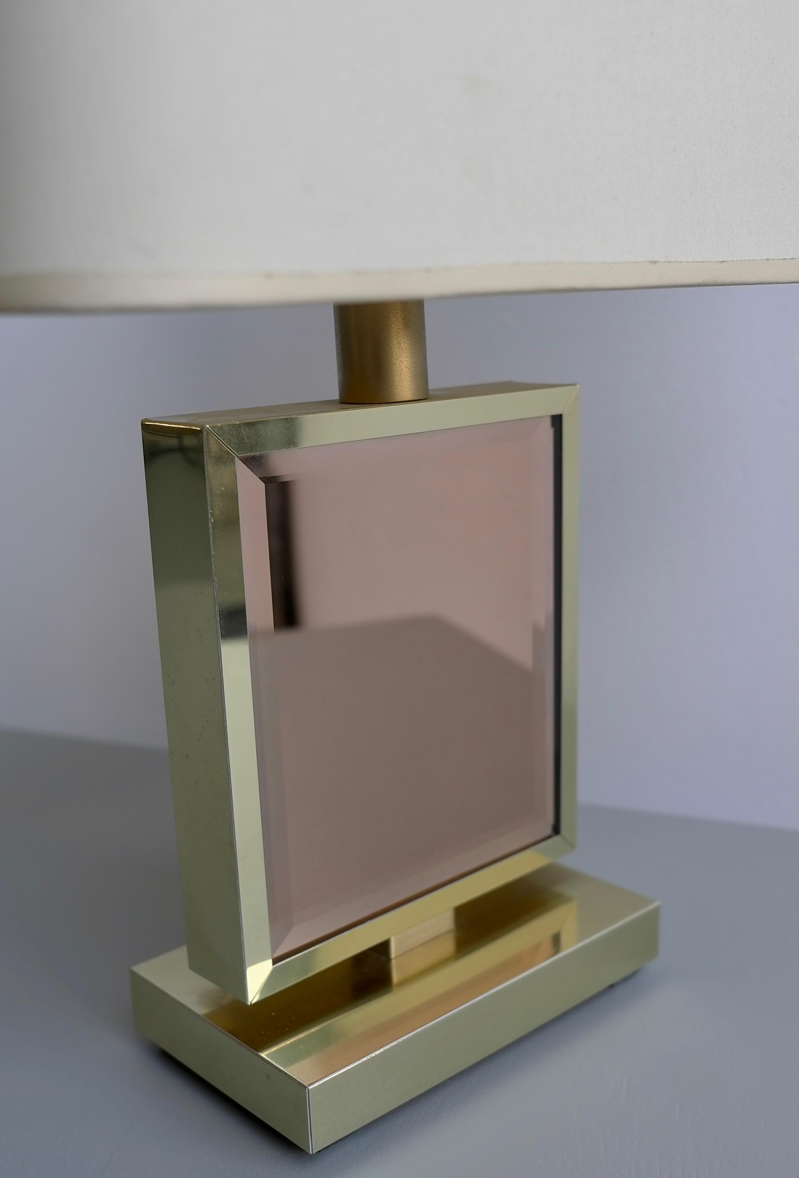European Table Lamp in Brass and Pink Glass, France, 1970s