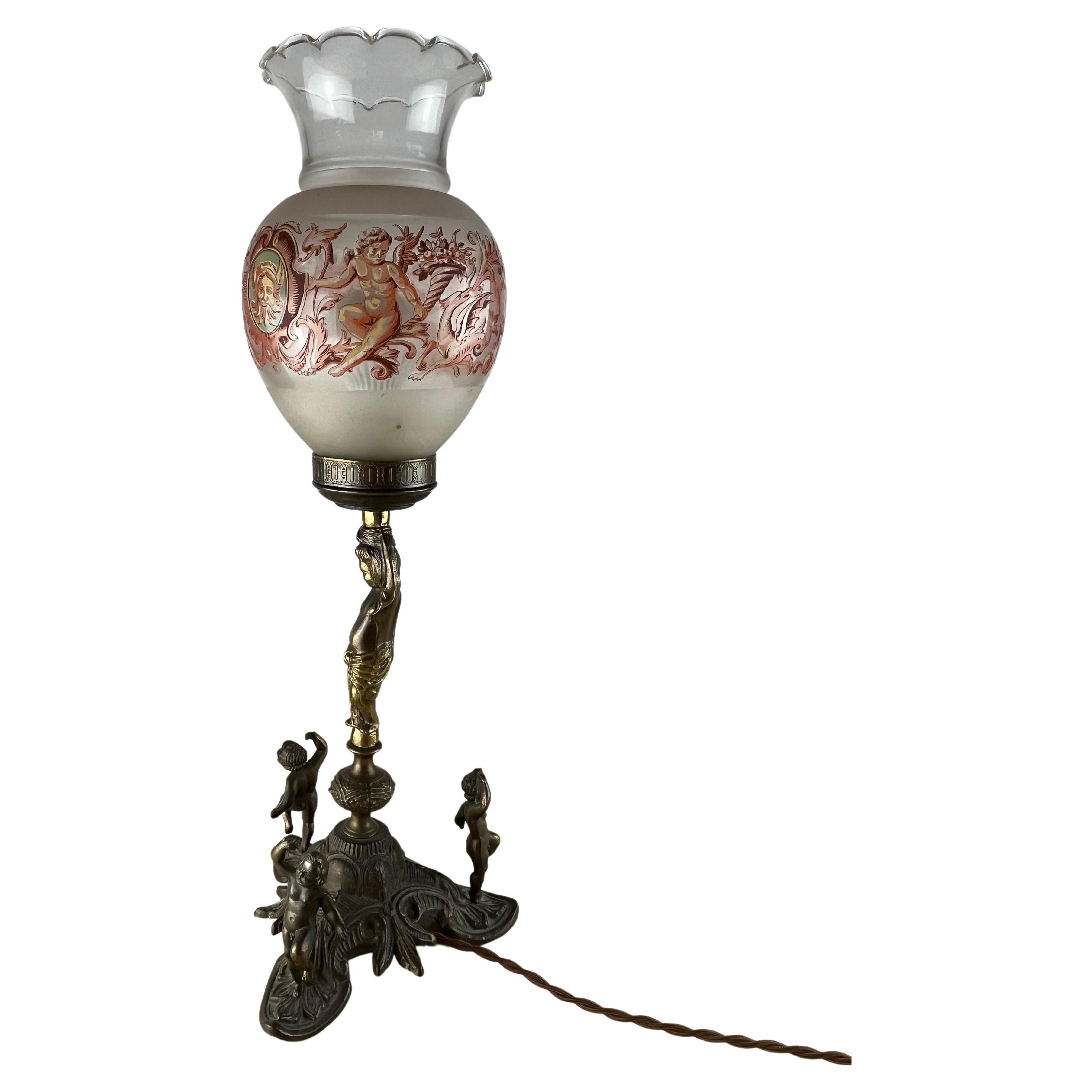 Lámpara de mesa en bronce y cristal, Italia, años 60