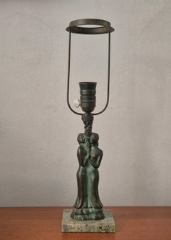 Table lamp in bronze with green marble base, Scandinavian Grace 1920/30s